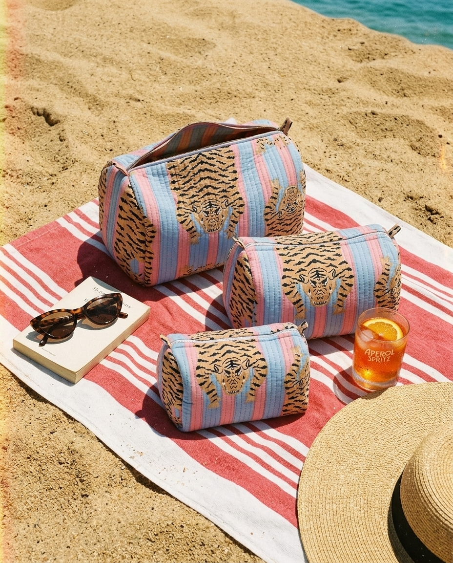 Tibetan Tiger 3 Piece Travel Set in pink and blue cotton, handmade travel pouch set ethically made in Rajasthan, largest pouch unzipped on a beach towel.