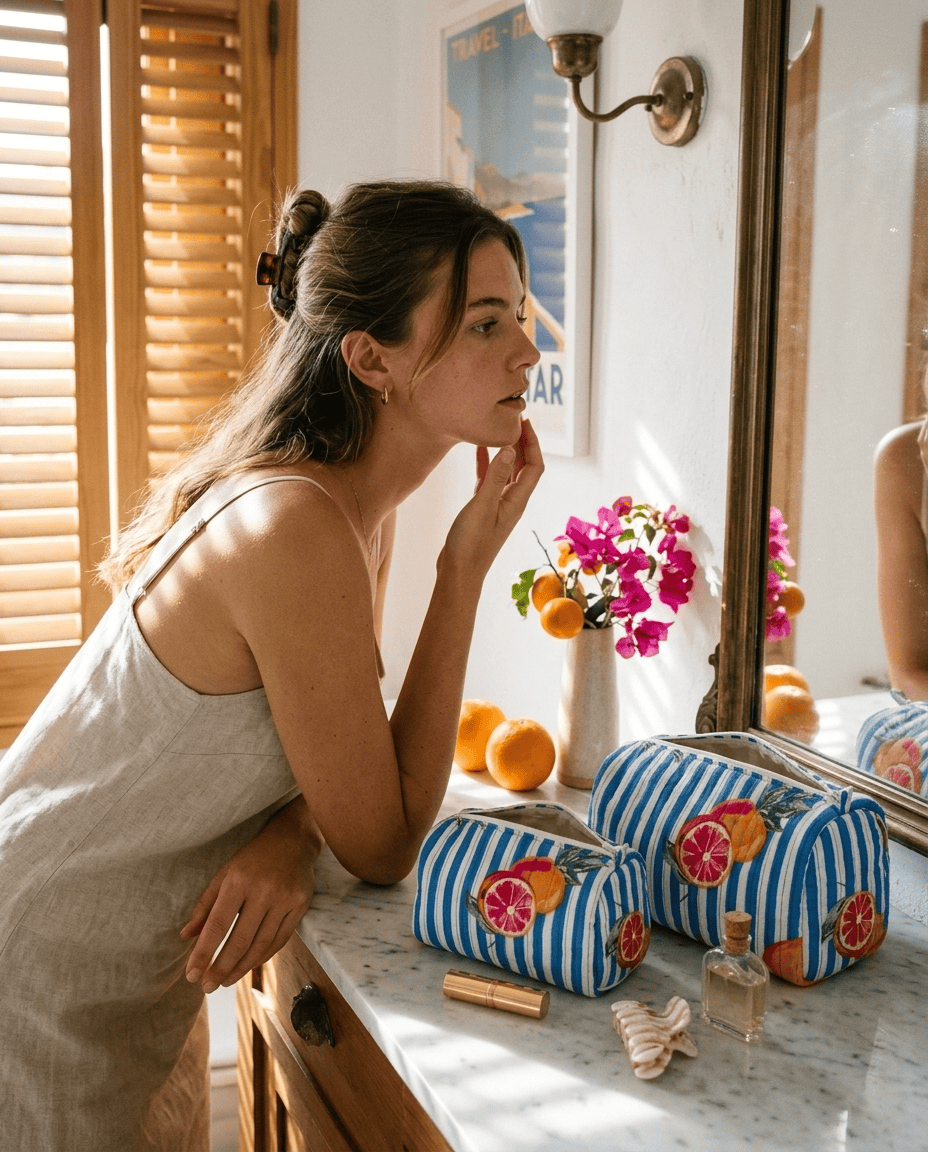 The Summer Fruits Travel Set Oranges, a blue striped cotton travel pouch set handmade and ethically made in Rajasthan, on a sunlit marble washstand.