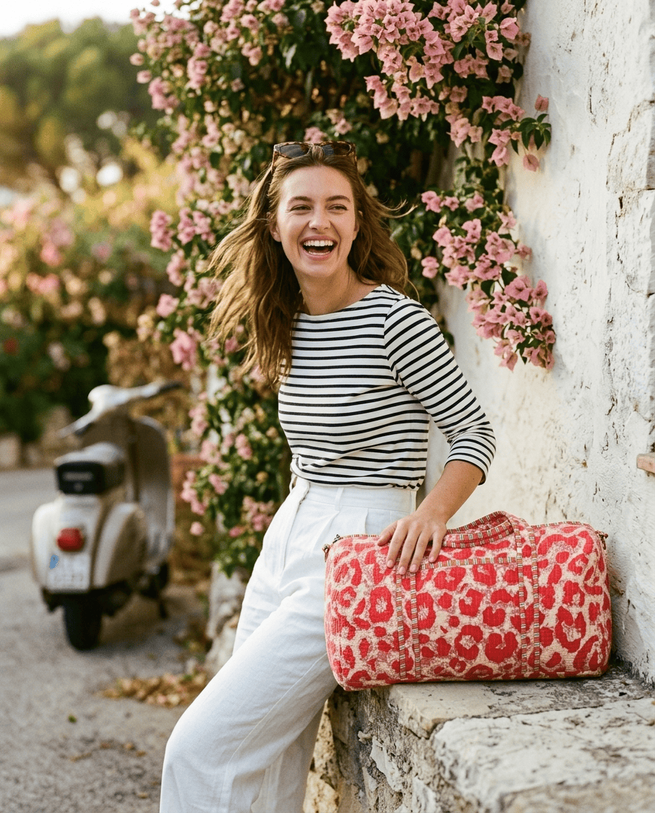 The Leopard Cotton Weekender — handmade leopard print cotton weekend bag, Conscious Yoga Collective