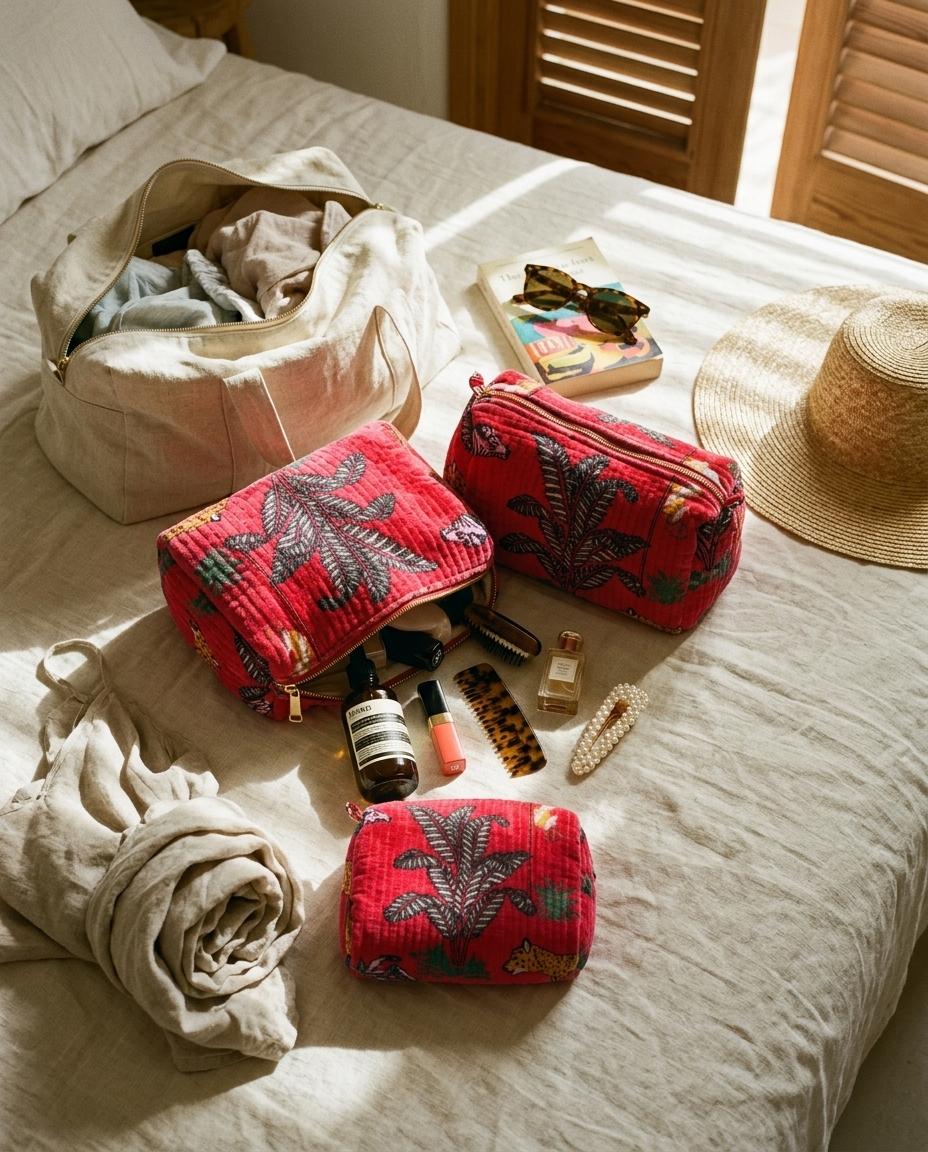 The Jungle Velvet 3 Piece Travel Set — handmade quilted velvet travel pouch set, ethically made in Rajasthan, India