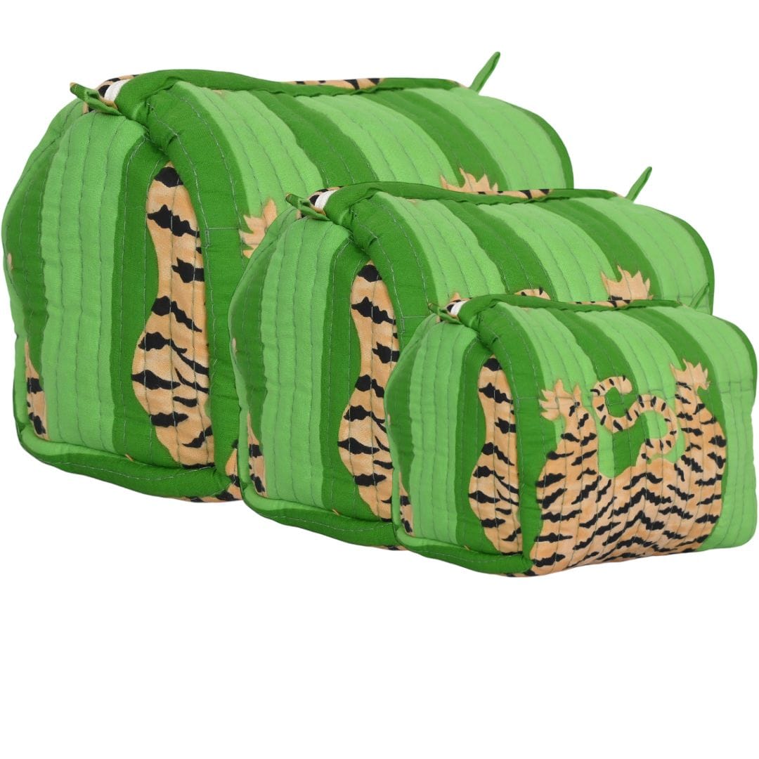 Tibetan Tiger 3 Piece Travel Set — handmade hand block printed cotton travel pouch set, ethically made in Rajasthan, India