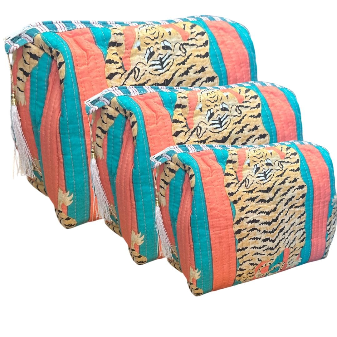 Tibetan Tiger 3 Piece Travel Set — handmade hand block printed cotton travel pouch set, ethically made in Rajasthan, India