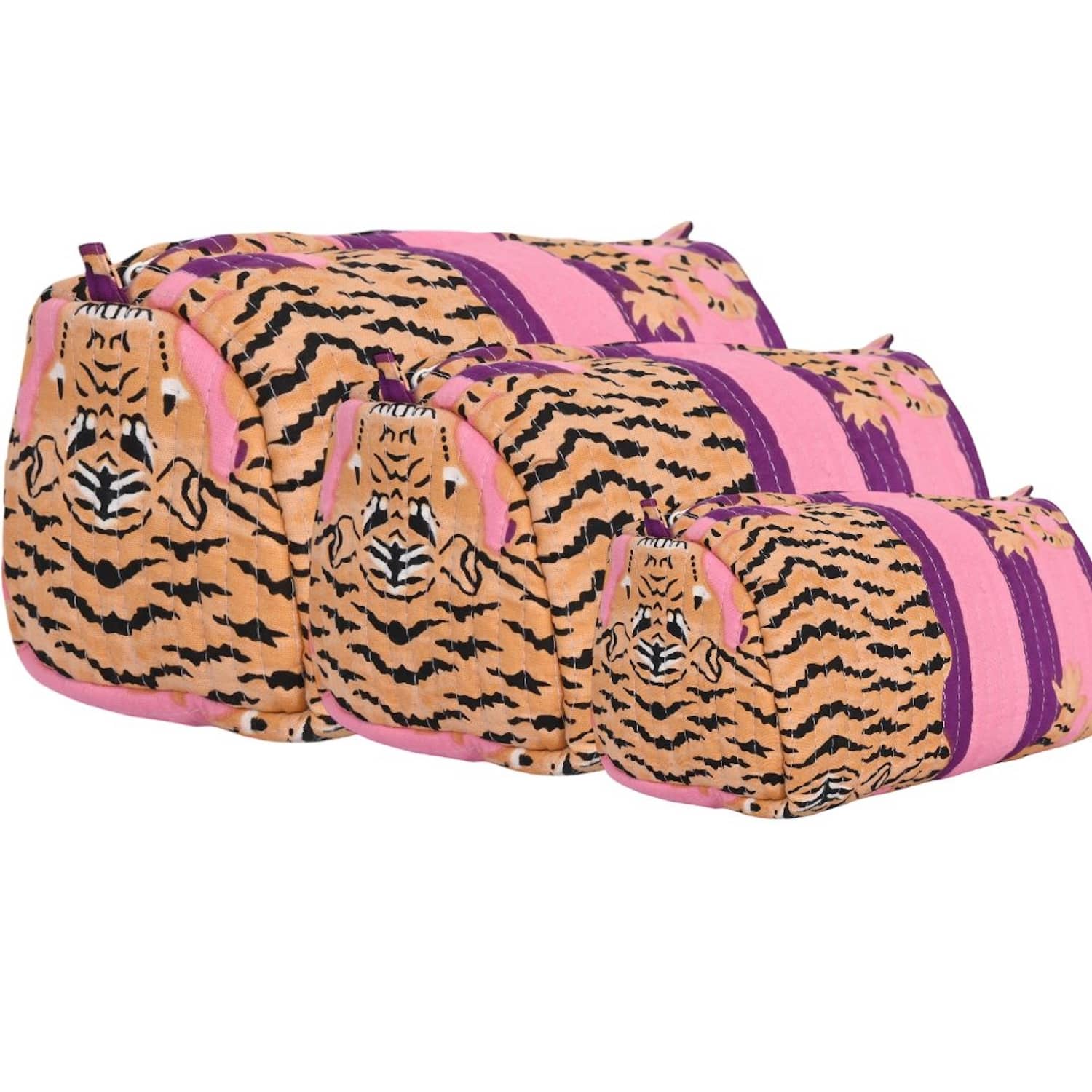 Tibetan Tiger 3 Piece Travel Set — handmade hand block printed cotton travel pouch set, ethically made in Rajasthan, India