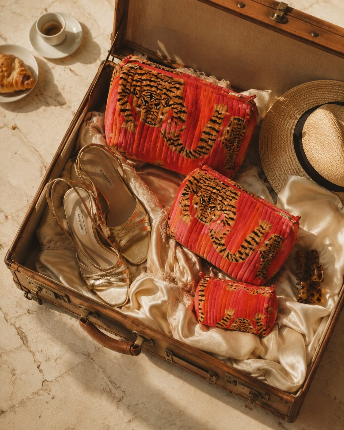 Tibetan Tiger Velvet 3-Piece Travel Set side-by-side — large, medium, small velvet pouches in single matching tone, handmade in Rajasthan