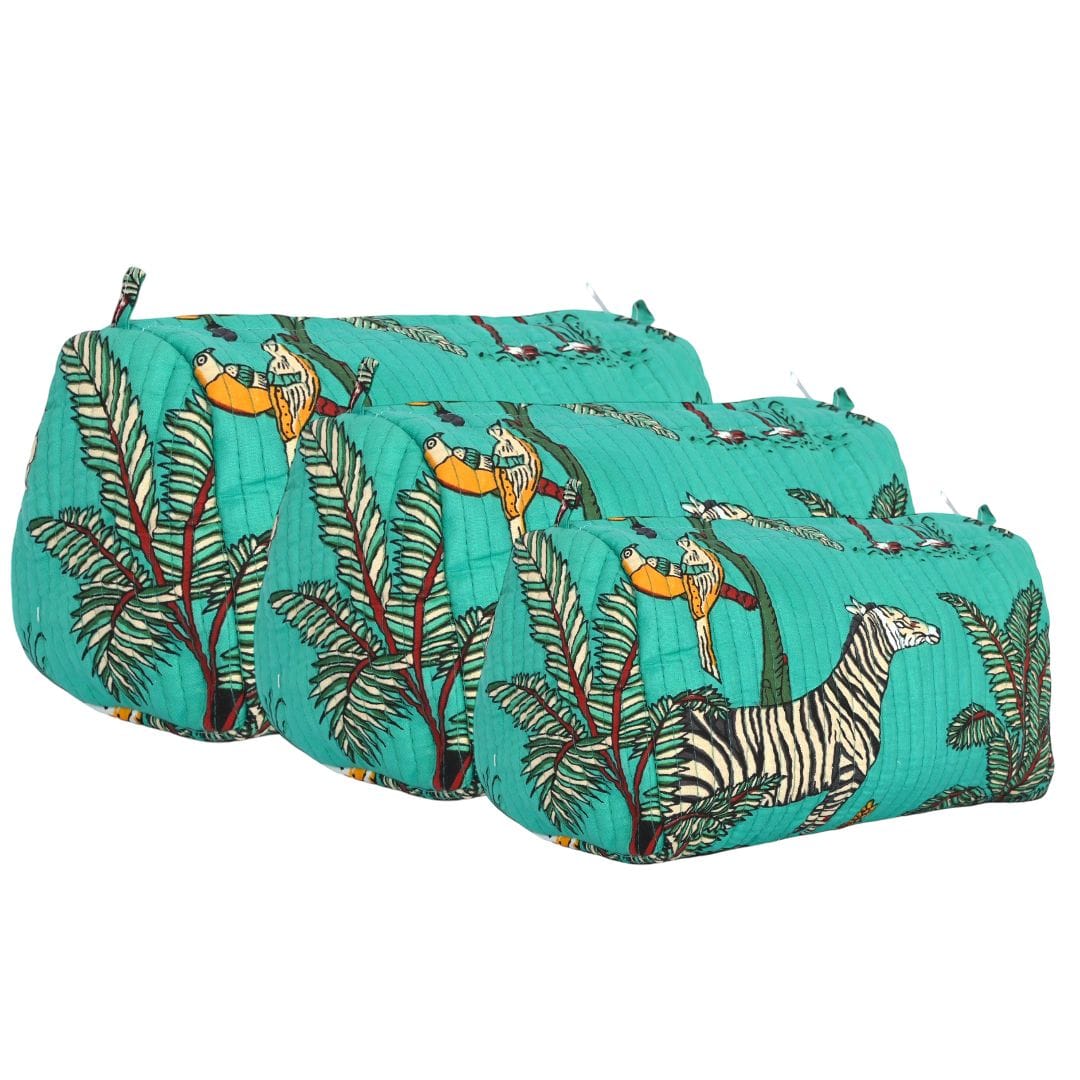 The Jungle 3 Piece Travel Set — handmade hand block printed cotton travel pouch set, ethically made in Rajasthan, India