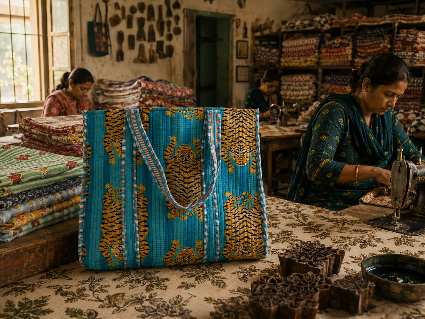 Hand block printed Tibetan Tiger tote bag in a Rajasthan workshop with artisans at work in the background