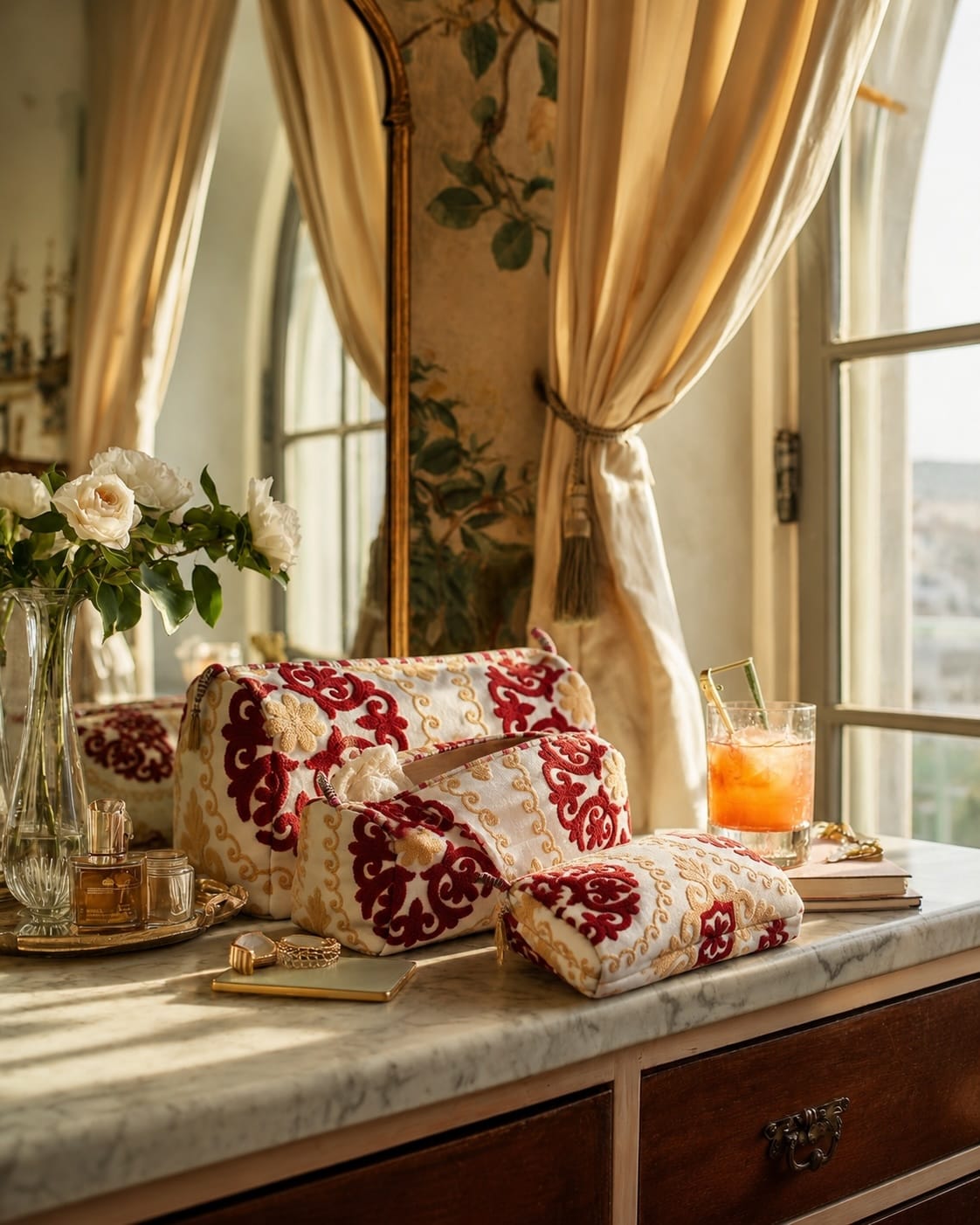 Suzani-print travel pouches on a marble washstand beside white roses — the CYC gift guide, handmade in Rajasthan.