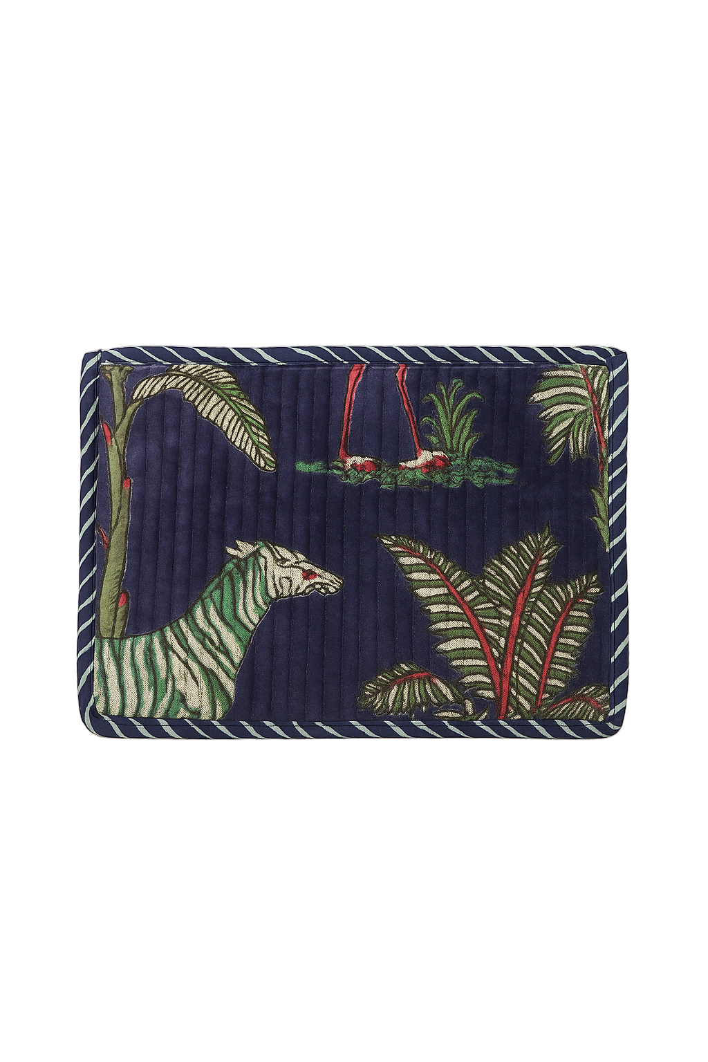 Navy blue pouch with zebra and leaf design on a white background