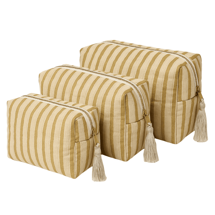 The Gold and Beige Striped Travel Set — handmade hand block printed cotton travel pouch set, ethically made in Rajasthan, India
