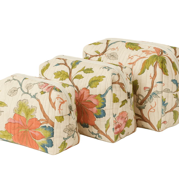 The Floral Cotton Travel Set — handmade hand block printed cotton travel pouch set, ethically made in Rajasthan, India