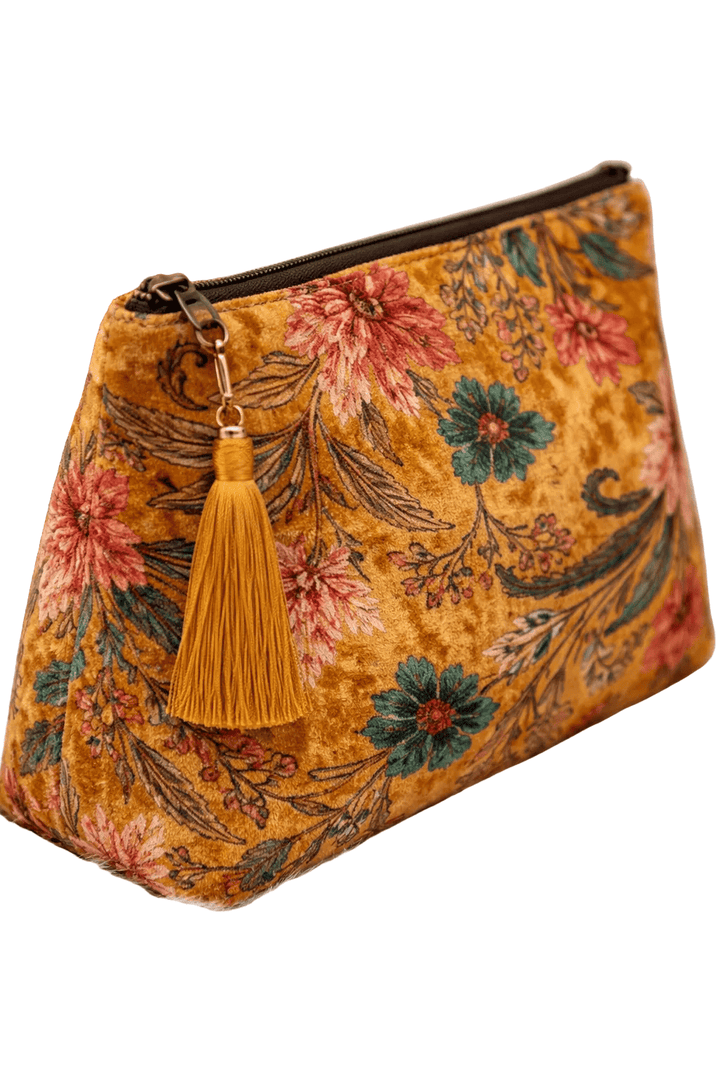 Amber Lotus Velvet Makeup Bag — handmade quilted velvet makeup pouch, ethically made in Rajasthan, India