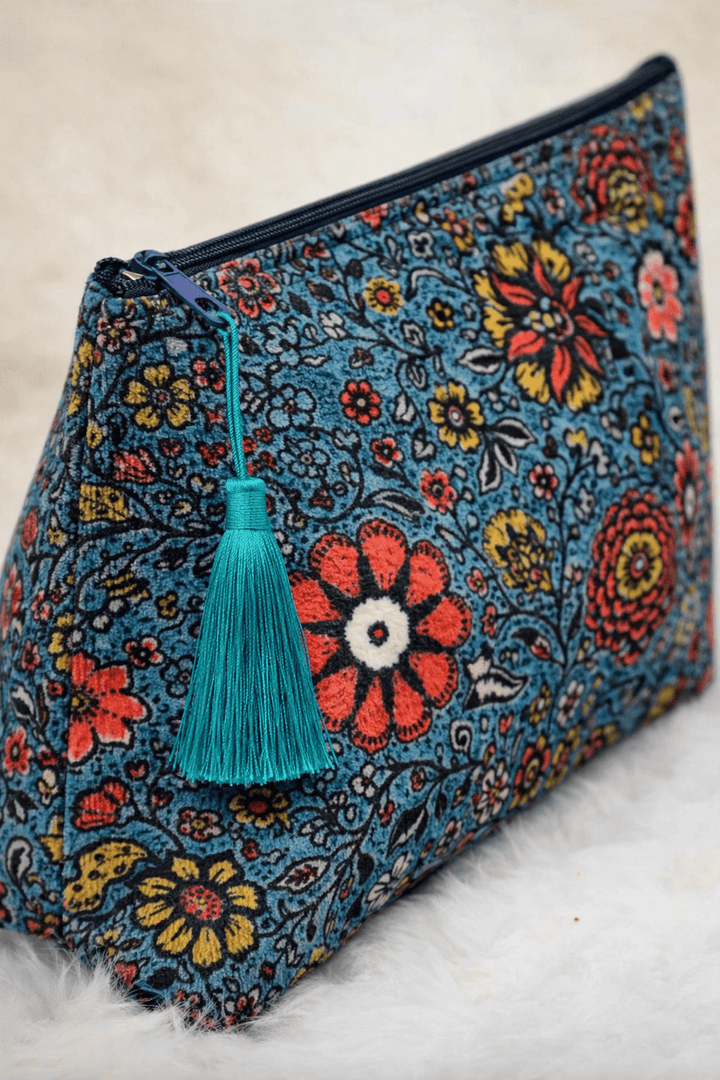 Blue Suzani Velvet Makeup Bag — handmade quilted velvet makeup pouch, ethically made in Rajasthan, India