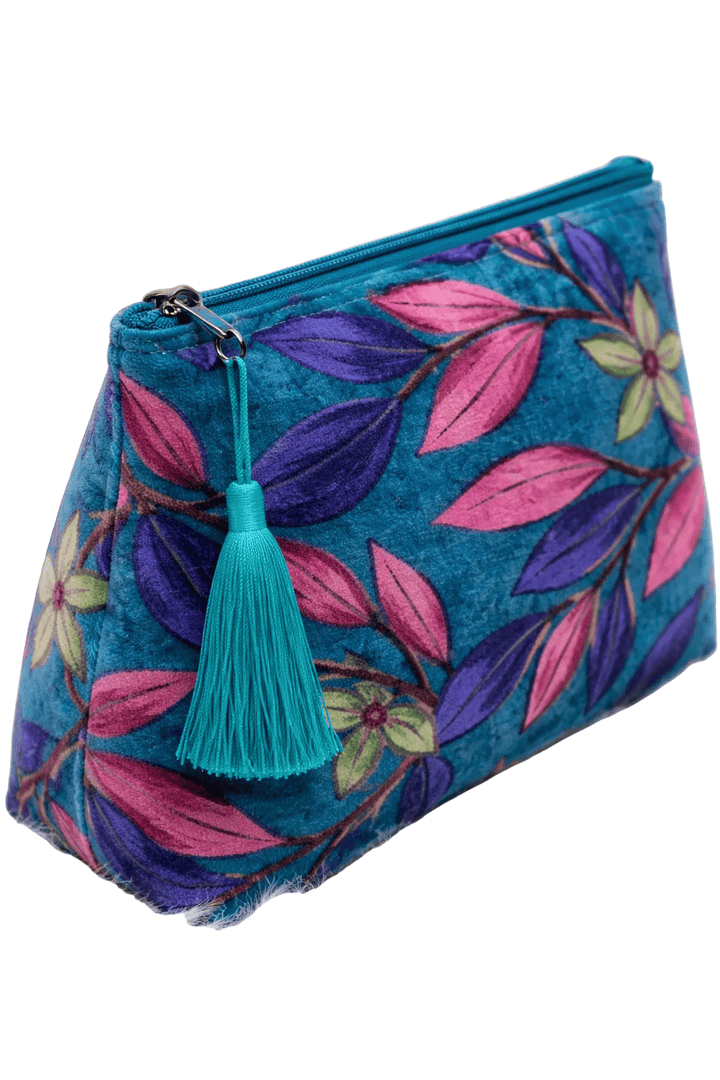 Indigo Petal Velvet Makeup Bag — handmade quilted velvet makeup pouch, ethically made in Rajasthan, India