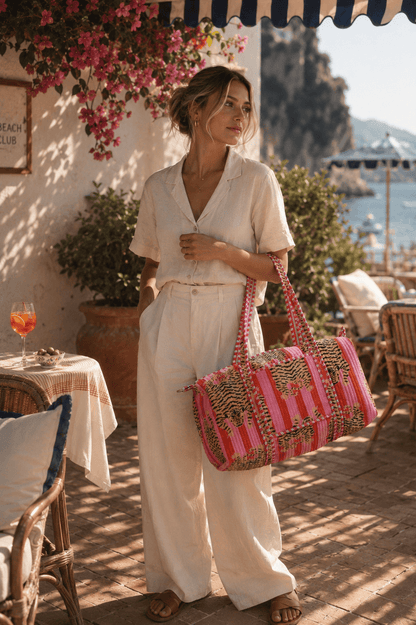 The Tibetan Tiger Velvet Weekender — handmade quilted velvet weekender bag, ethically made in Rajasthan, India