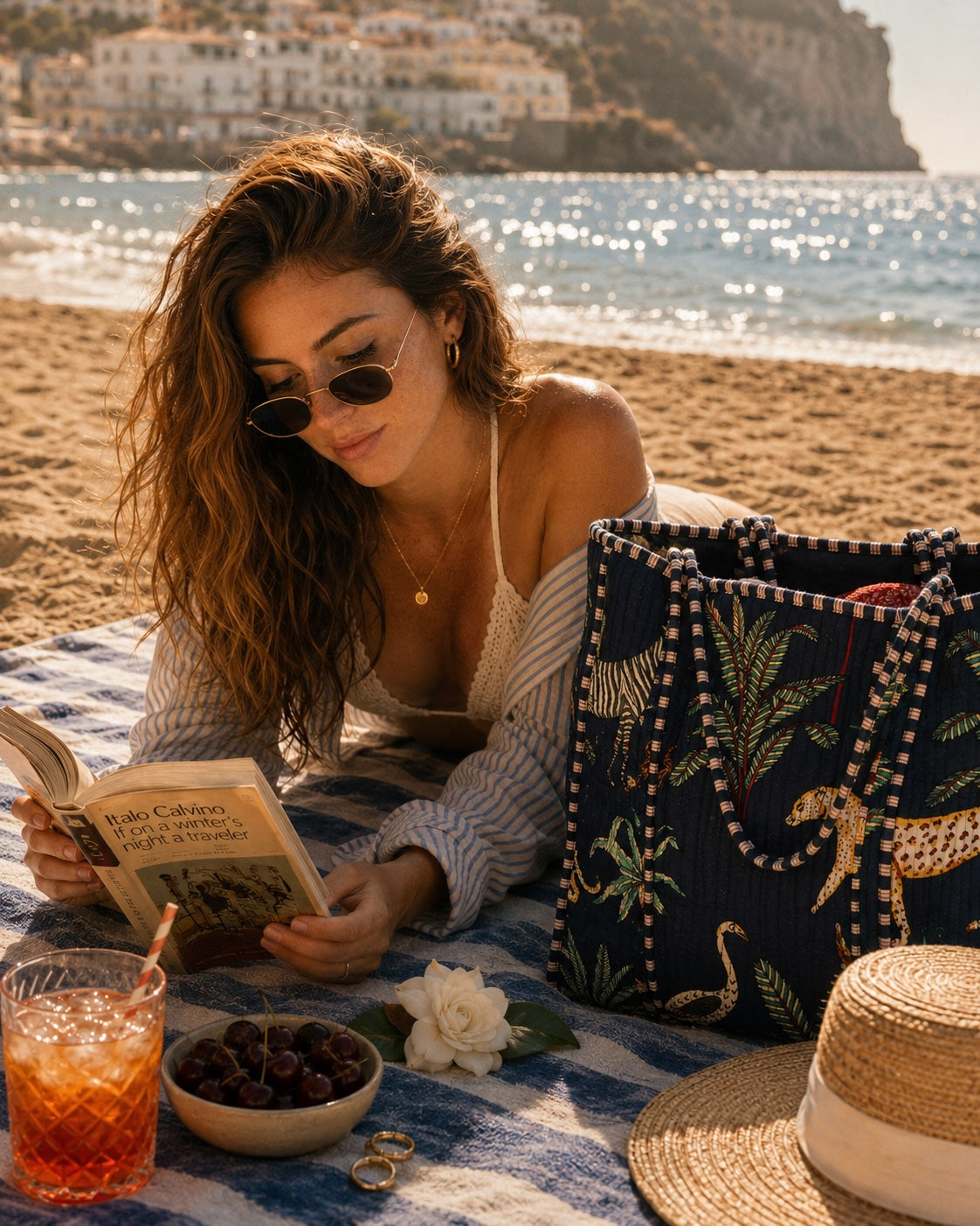 Mediterranean holiday lifestyle with a luxury artisan handbag — hand-block-printed cotton from Conscious Yoga Collective