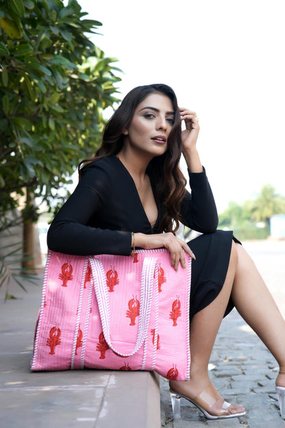 The Lobster Tote — handmade cotton tote bag with the lobster motif, ethically made in Rajasthan, India