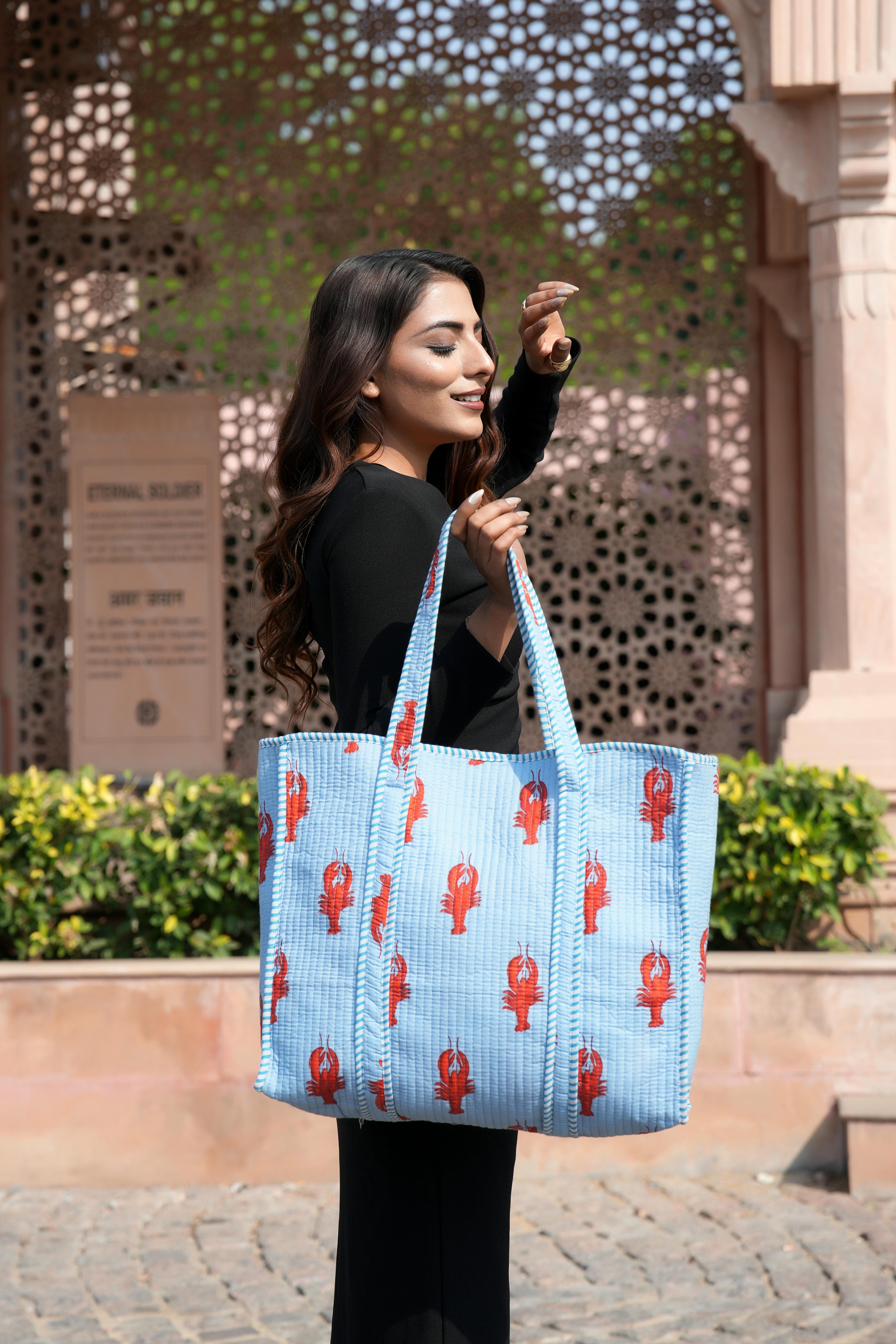 The Lobster Tote — handmade cotton tote bag with the lobster motif, ethically made in Rajasthan, India