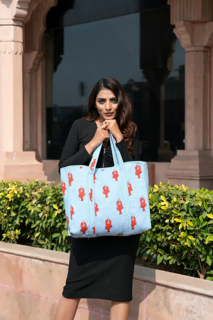 The Lobster Tote — handmade cotton tote bag with the lobster motif, ethically made in Rajasthan, India