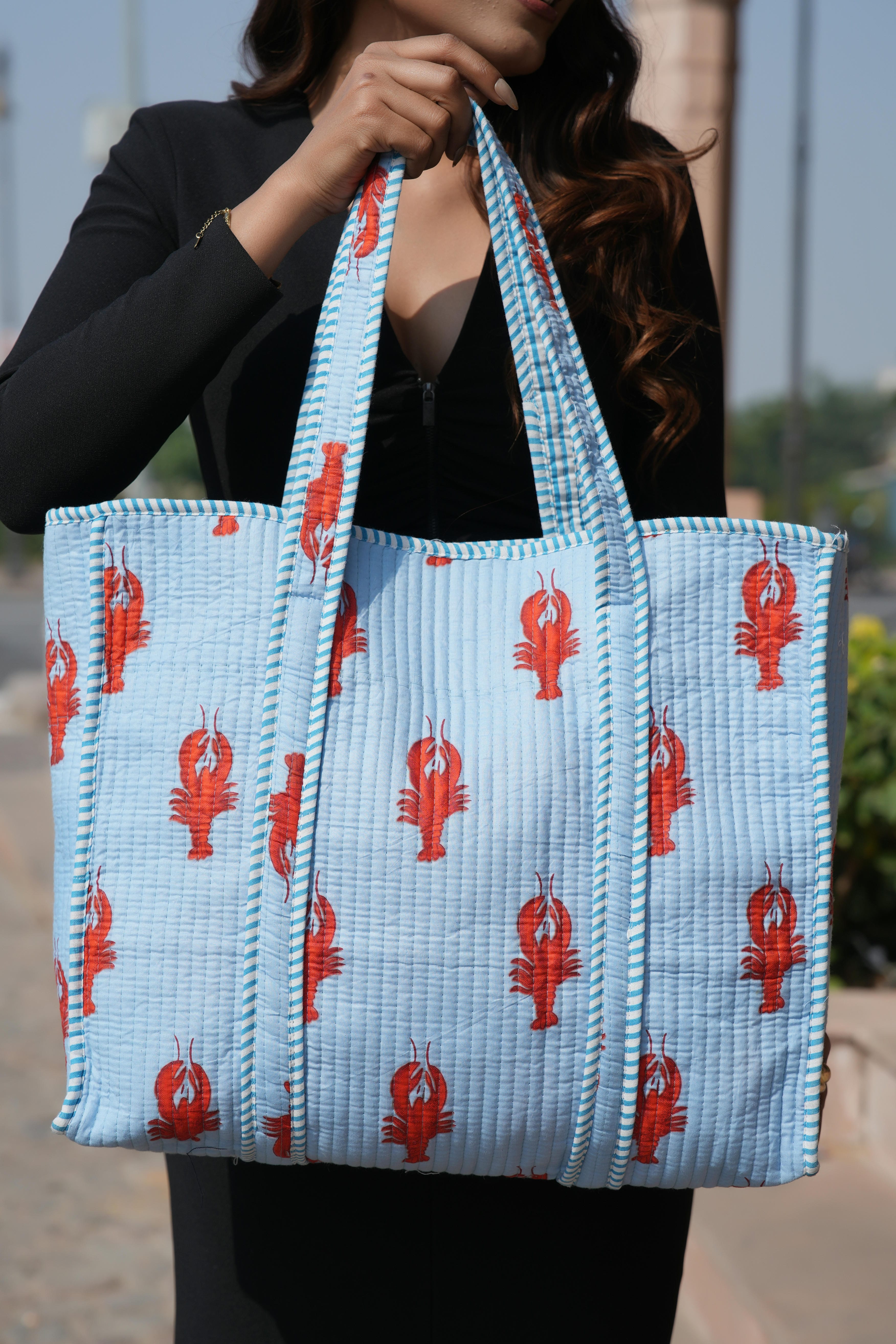 The Lobster Tote — handmade cotton tote bag with the lobster motif, ethically made in Rajasthan, India