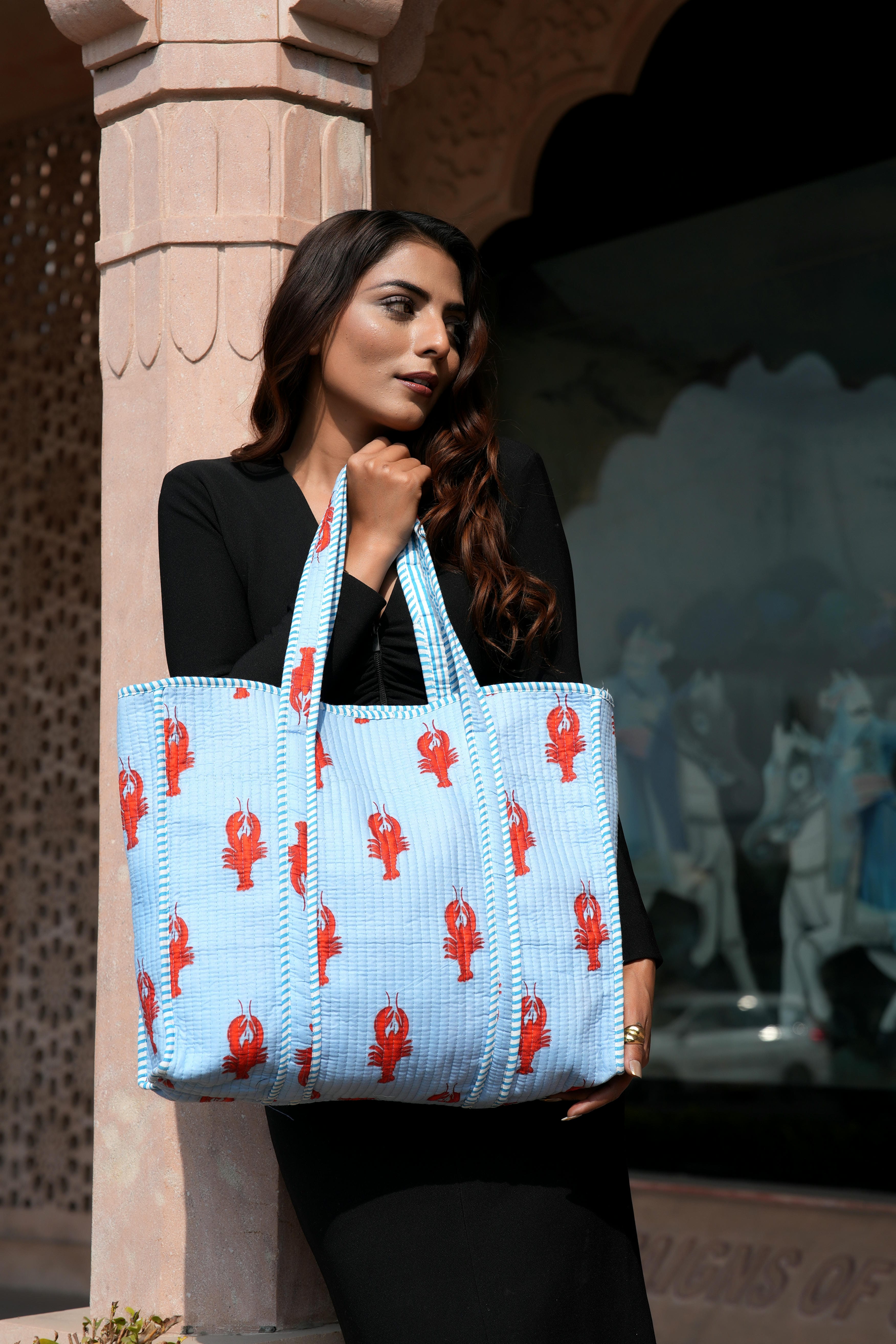The Lobster Tote — handmade cotton tote bag with the lobster motif, ethically made in Rajasthan, India