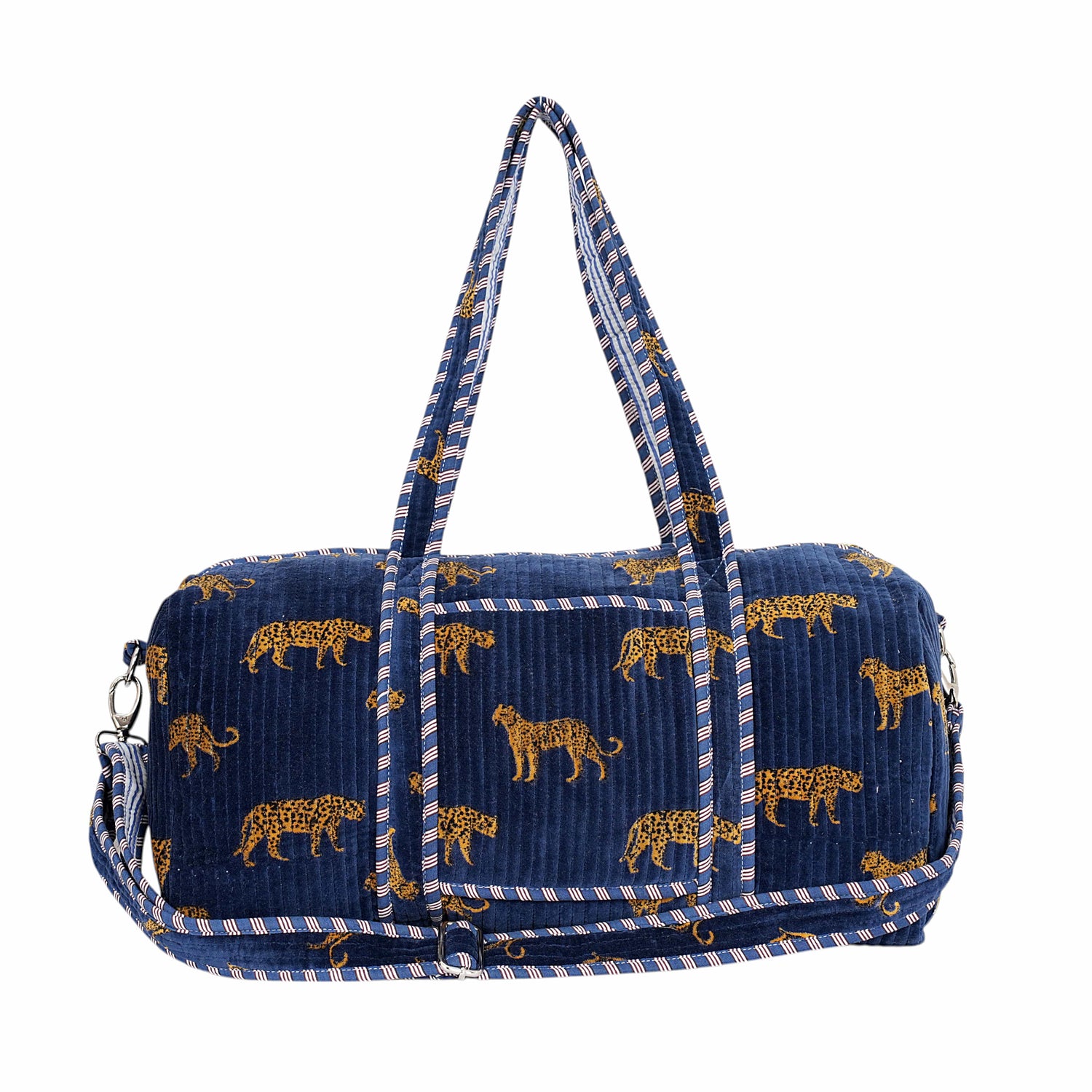 Cheetah Velvet Weekender — handmade quilted velvet weekender bag, ethically made in Rajasthan, India