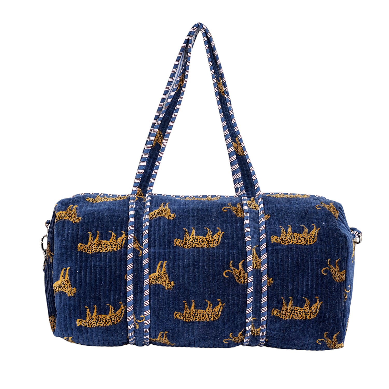 Cheetah Velvet Weekender — handmade quilted velvet weekender bag, ethically made in Rajasthan, India