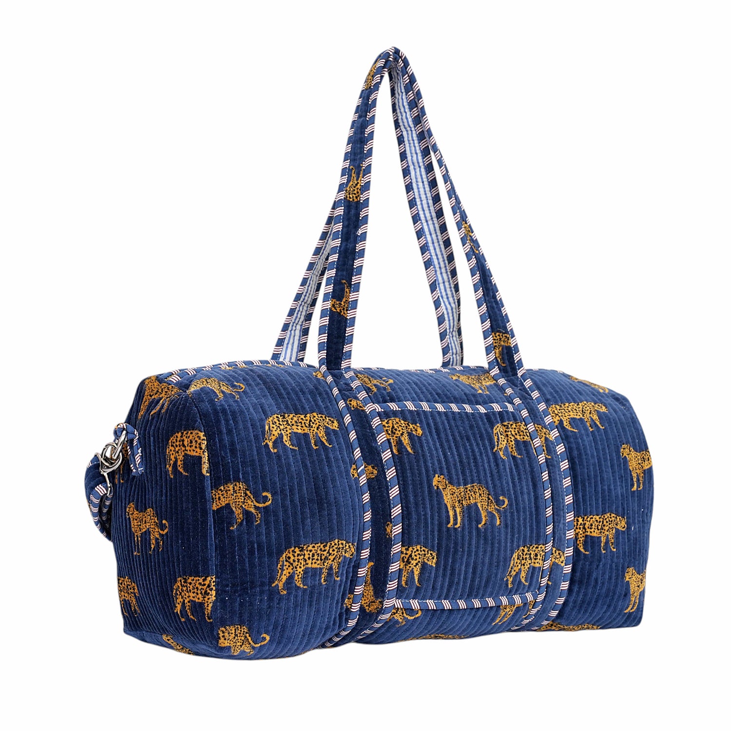 Cheetah Velvet Weekender — handmade quilted velvet weekender bag, ethically made in Rajasthan, India