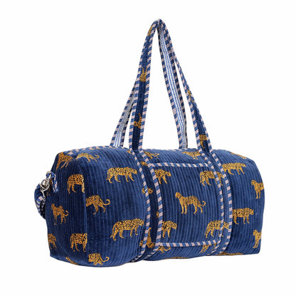 Cheetah Velvet Weekender — handmade quilted velvet weekender bag, ethically made in Rajasthan, India