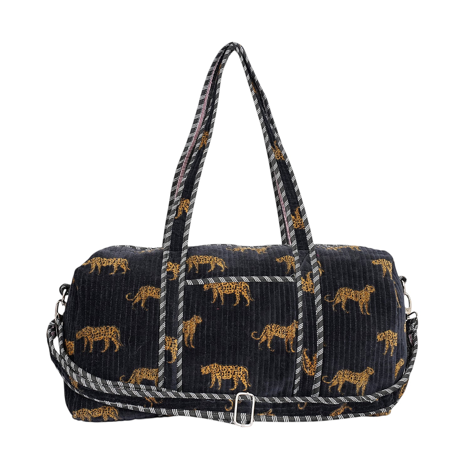 Cheetah Velvet Weekender — handmade quilted velvet weekender bag, ethically made in Rajasthan, India