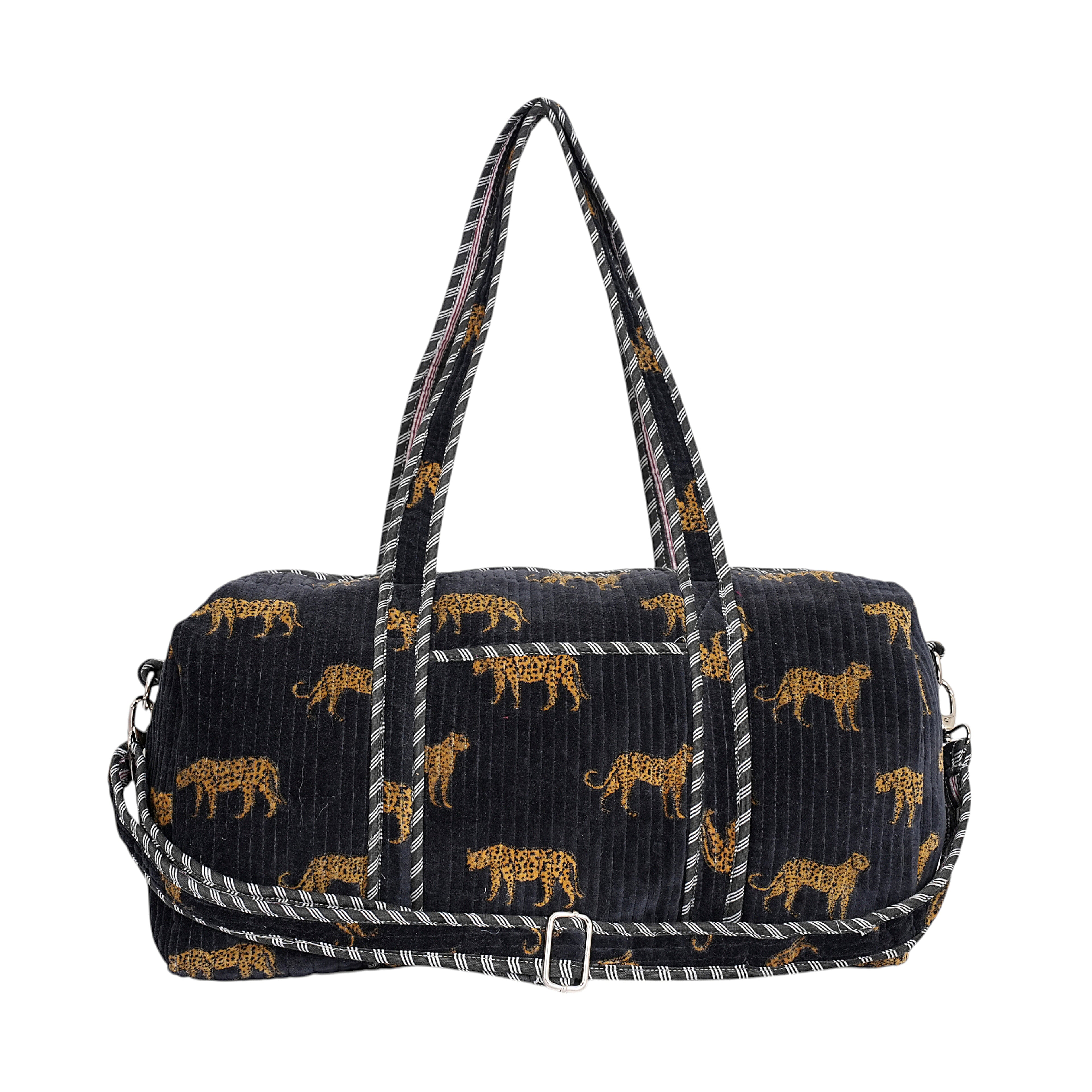 Cheetah Velvet Weekender — handmade quilted velvet weekender bag, ethically made in Rajasthan, India