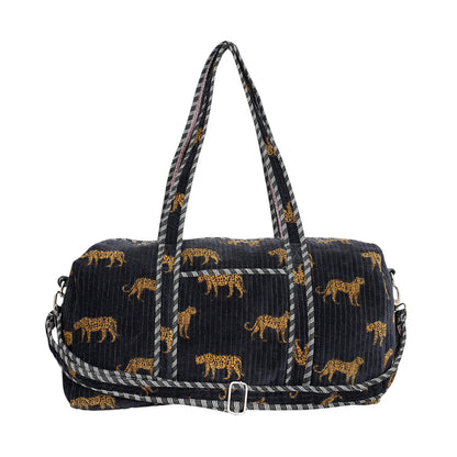 Cheetah Velvet Weekender — handmade quilted velvet weekender bag, ethically made in Rajasthan, India