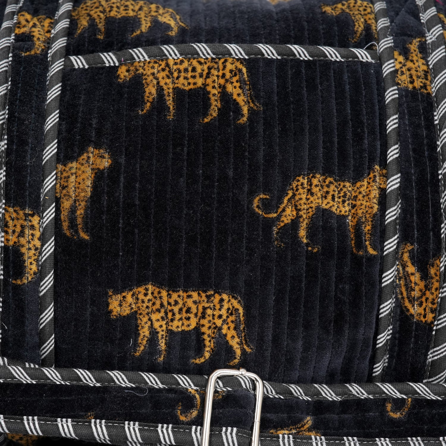 Cheetah Velvet Weekender — handmade quilted velvet weekender bag, ethically made in Rajasthan, India
