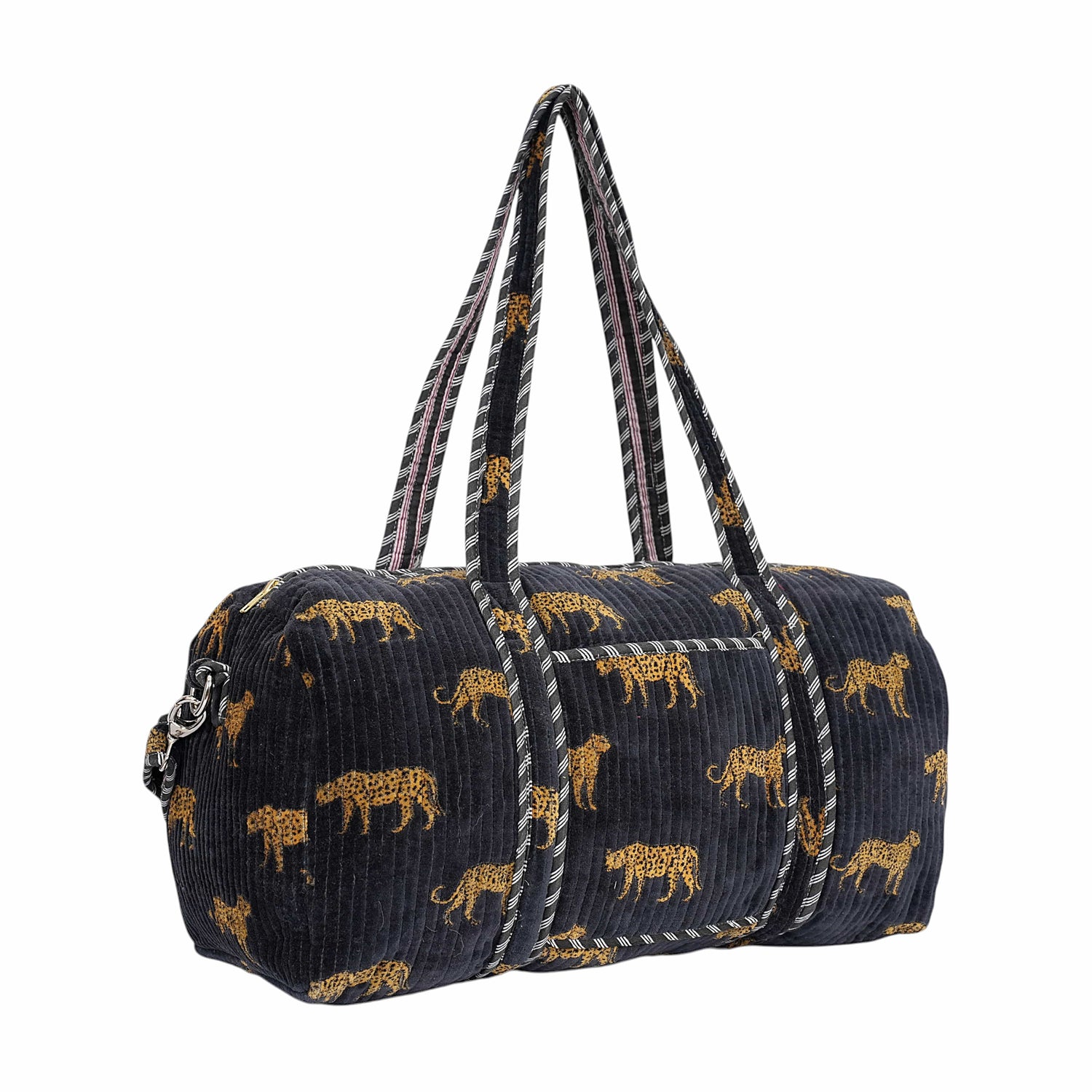 Cheetah Velvet Weekender — handmade quilted velvet weekender bag, ethically made in Rajasthan, India