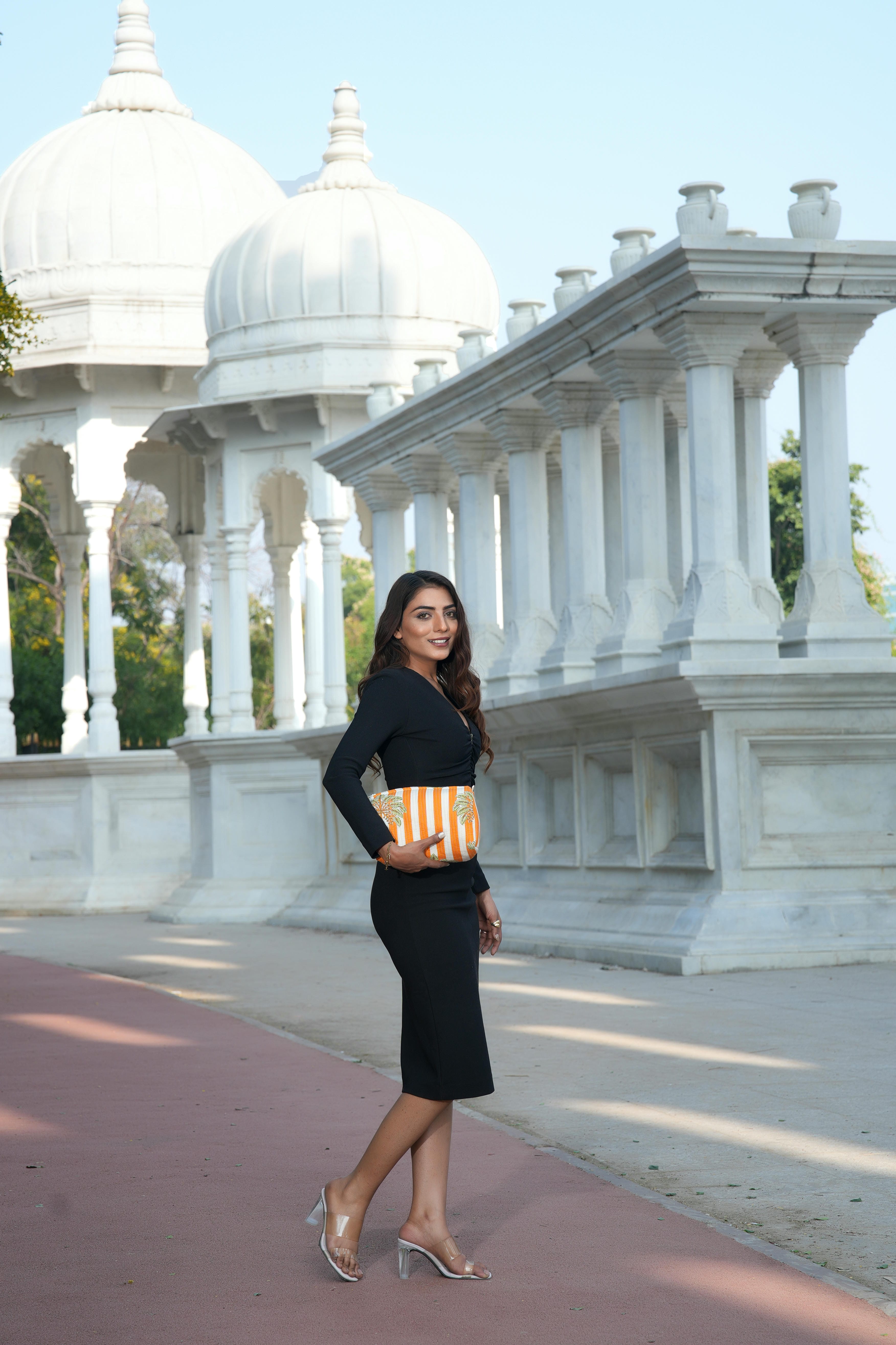The Palm Tree Tote in Orange — handmade hand-block-printed cotton tote bag with tropical palm print, ethically made in Rajasthan, India