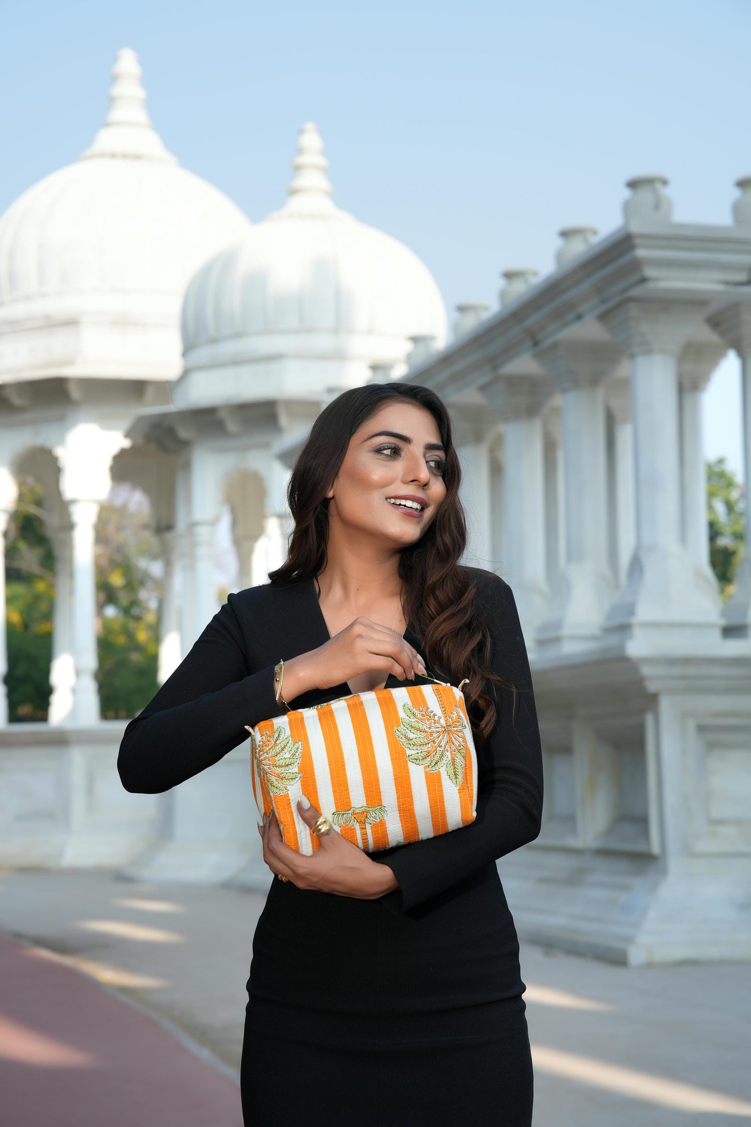 The Palm Tree Tote in Orange — handmade hand-block-printed cotton tote bag with tropical palm print, ethically made in Rajasthan, India