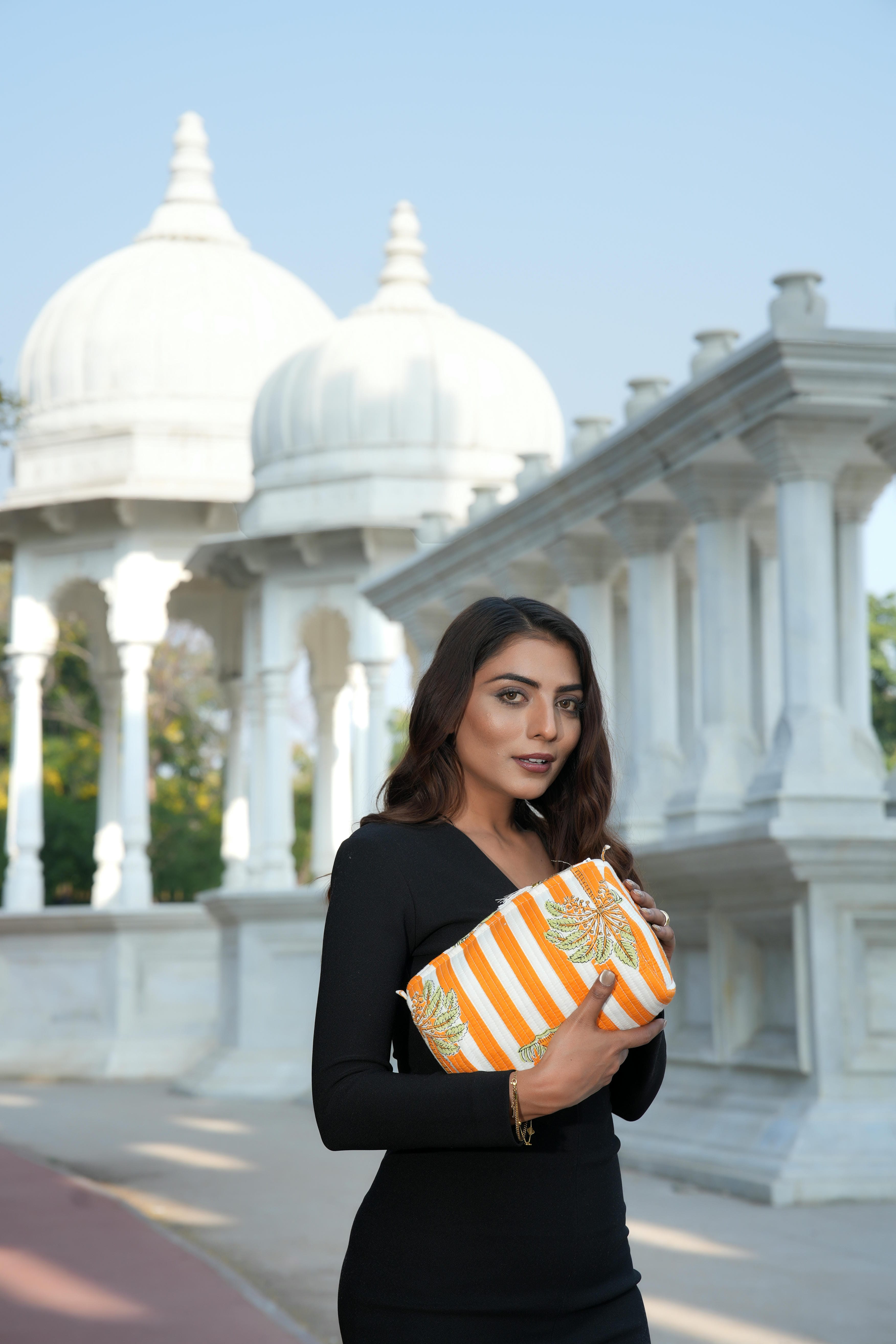 The Palm Tree Tote in Orange — handmade hand-block-printed cotton tote bag with tropical palm print, ethically made in Rajasthan, India