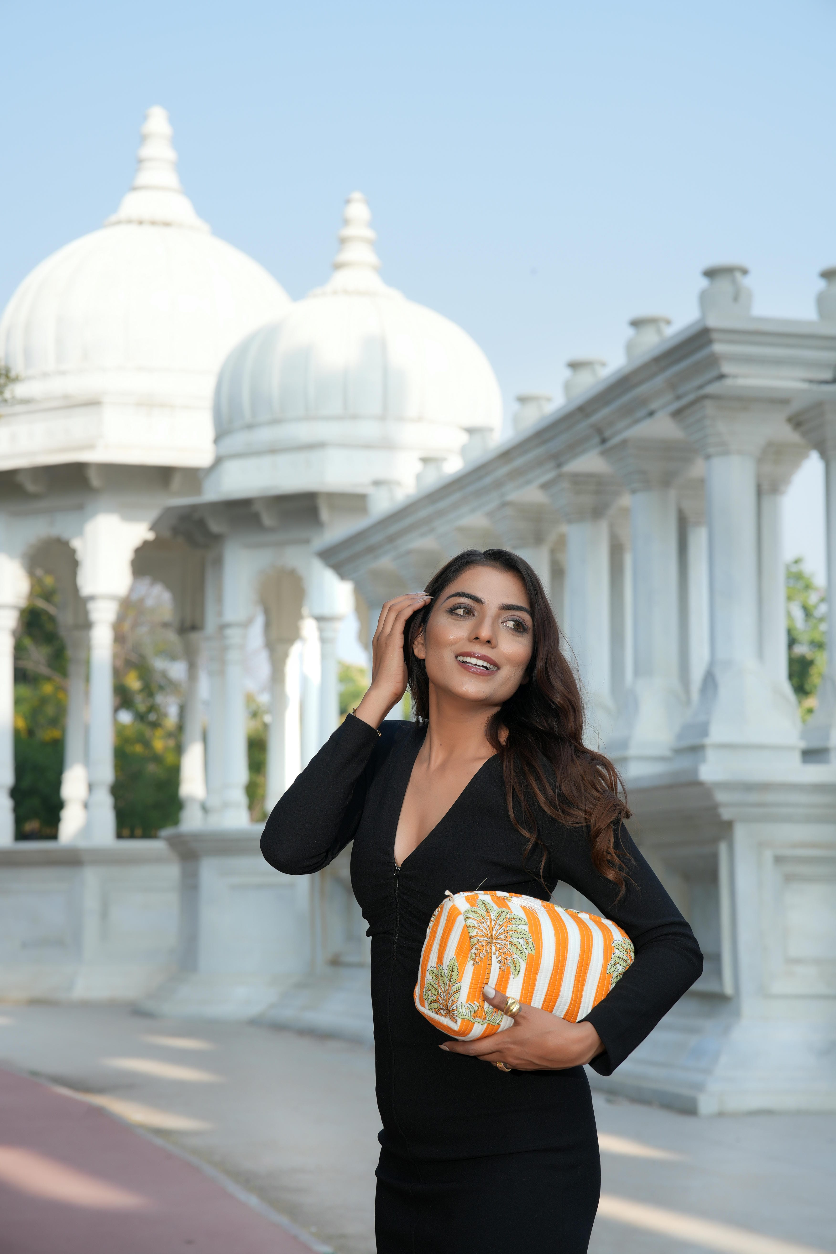 The Palm Tree Tote in Orange — handmade hand-block-printed cotton tote bag with tropical palm print, ethically made in Rajasthan, India