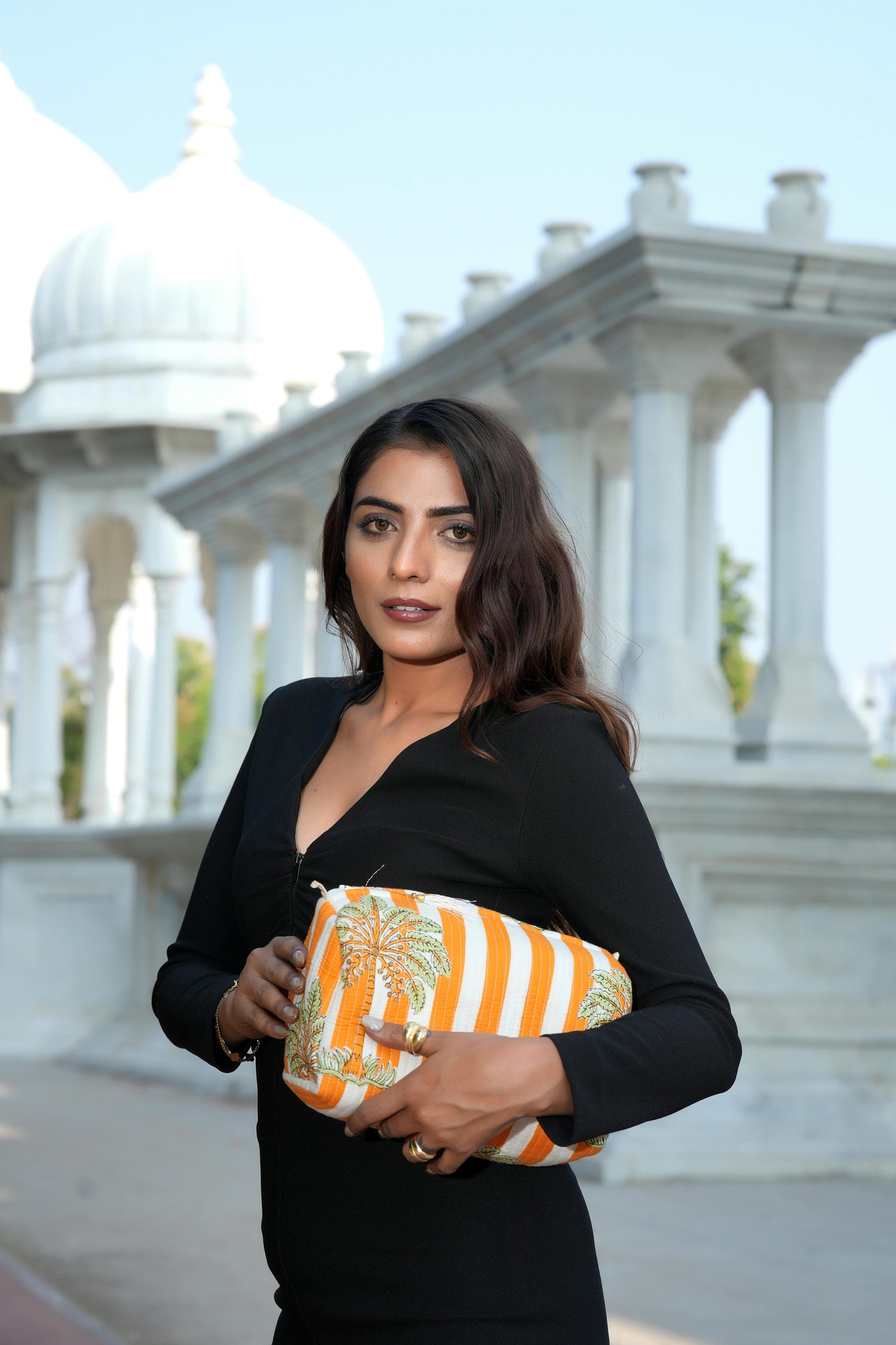 The Palm Tree Tote in Orange — handmade hand-block-printed cotton tote bag with tropical palm print, ethically made in Rajasthan, India
