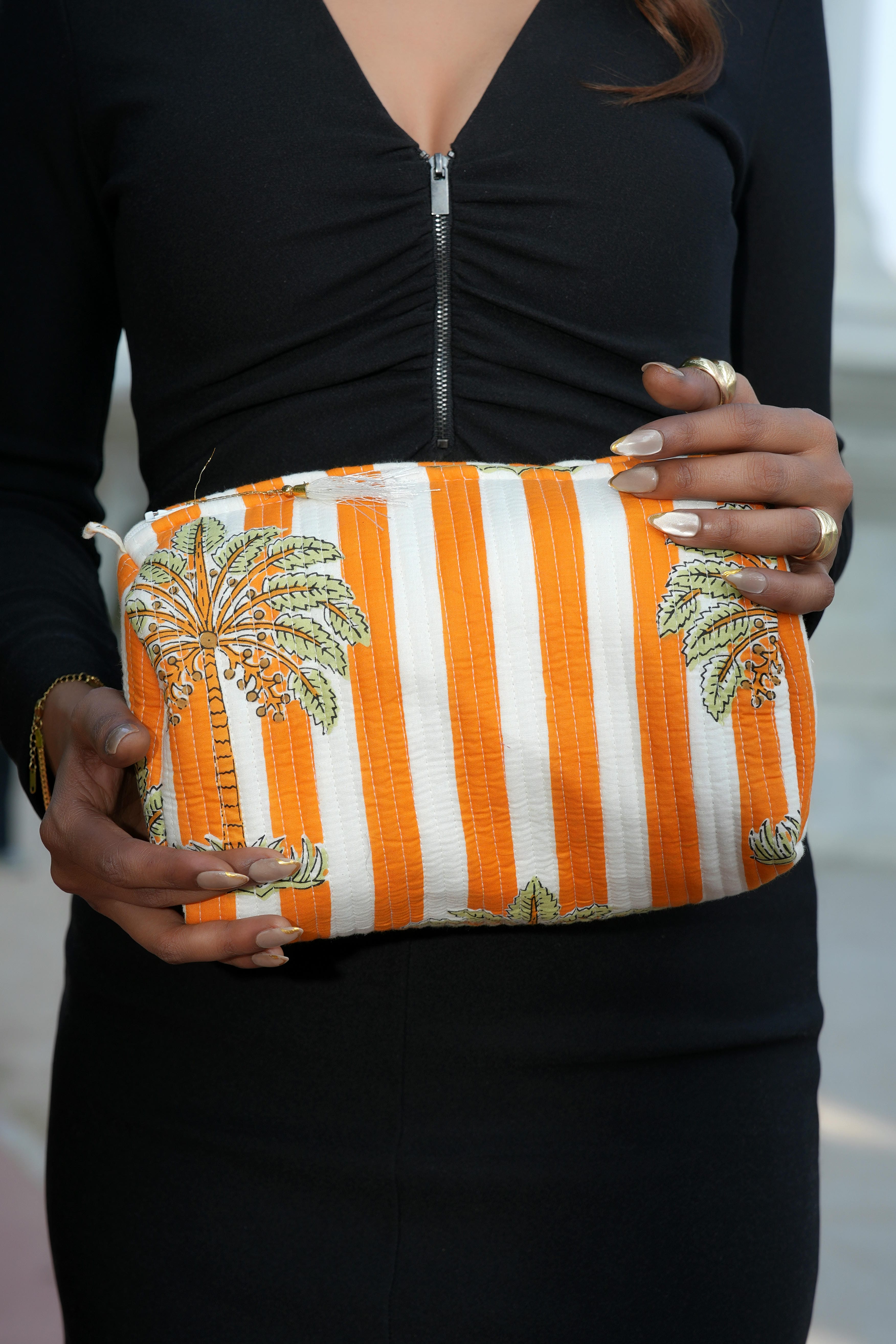The Palm Tree Tote in Navy — handmade hand-block-printed cotton tote bag with tropical palm print, ethically made in Rajasthan, India