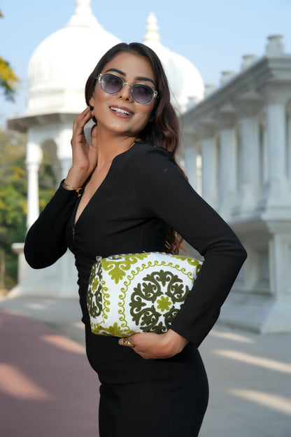 The Suzani Three Piece Travel Set — handmade, ethically made cotton travel pouch set in heritage Suzani print, hand-block-printed by makers in Rajasthan, India.