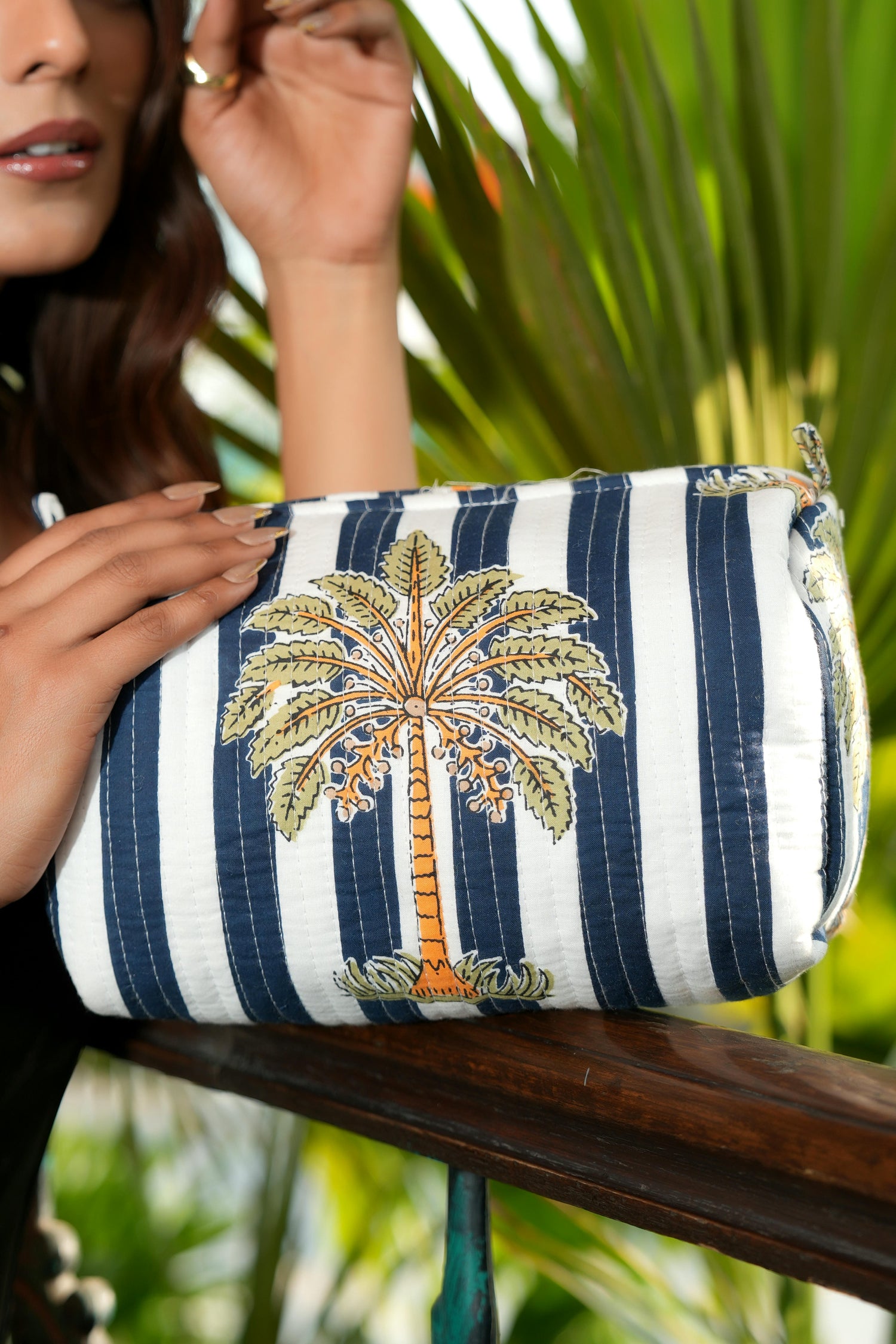 The Palm Tree Travel Set in Navy — handmade hand-block-printed cotton travel pouch set with tropical palm print, ethically made in Rajasthan, India