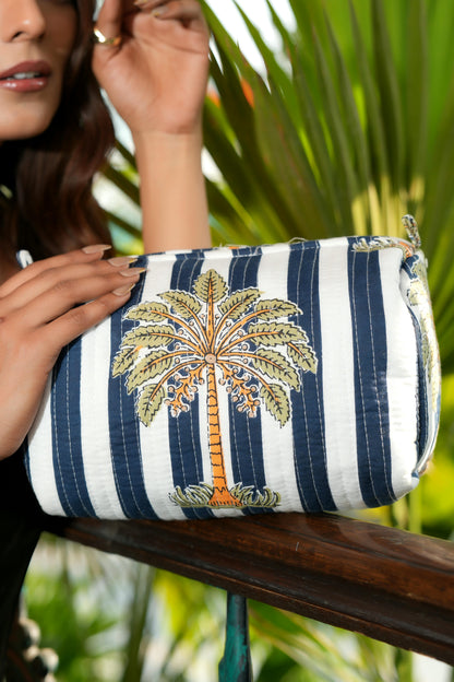 The Palm Tree Travel Set in Navy — handmade hand-block-printed cotton travel pouch set with tropical palm print, ethically made in Rajasthan, India
