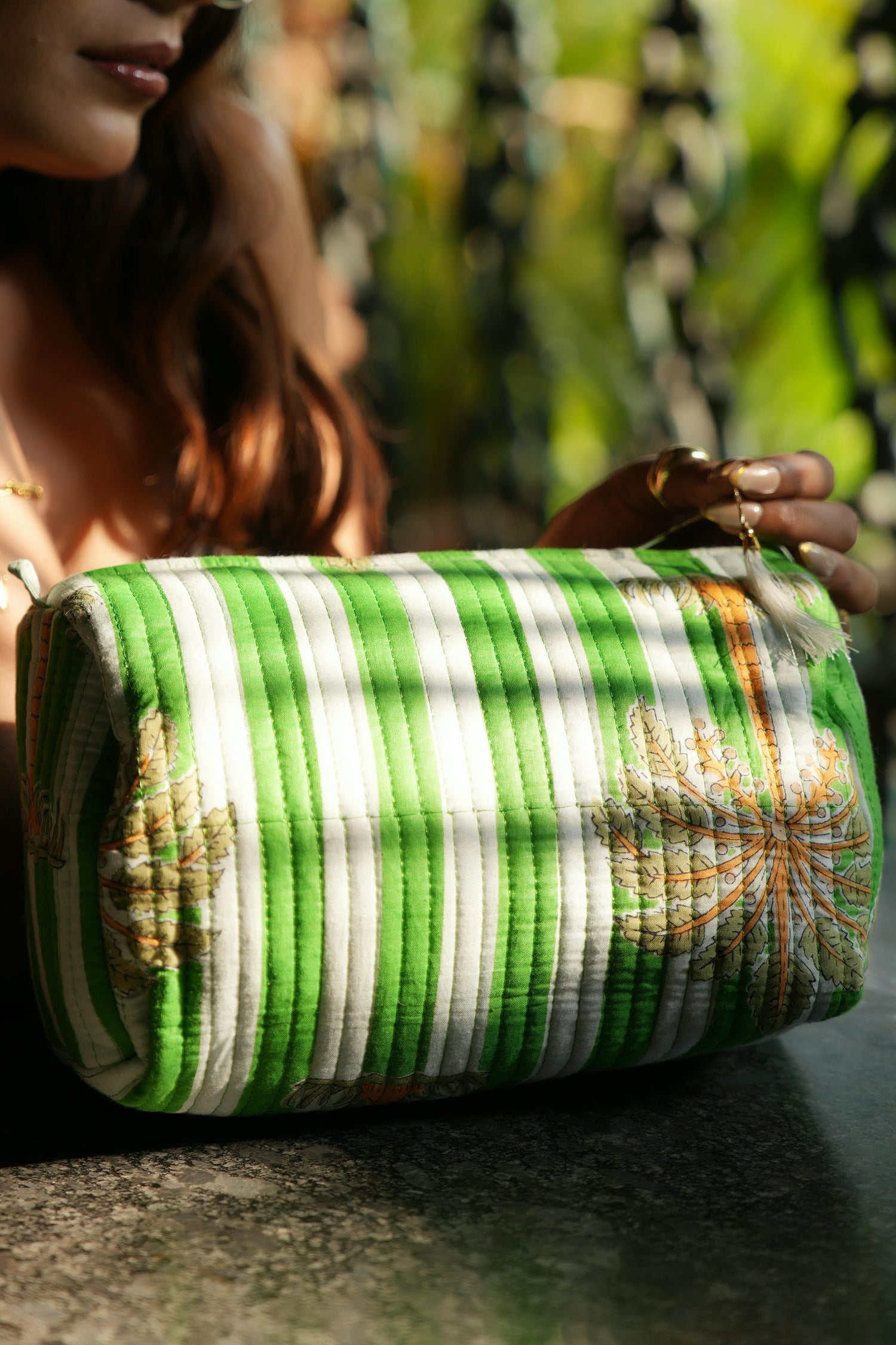 The Palm Tree Travel Set in Green — handmade hand-block-printed cotton travel pouch set with tropical palm print, ethically made in Rajasthan, India