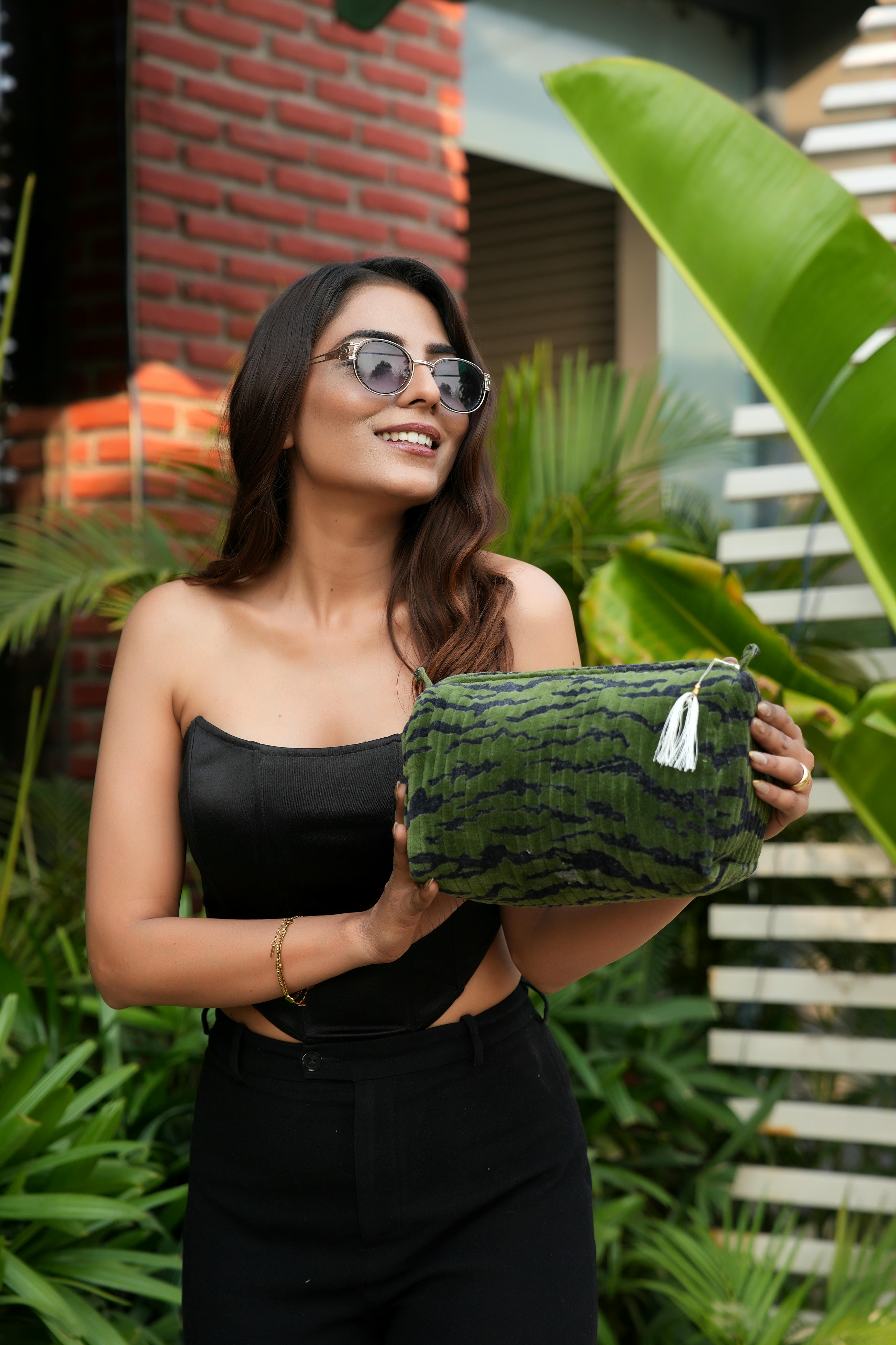 The Velvet Tiger Three Piece Travel Set — handmade, ethically made velvet travel pouch set with tiger motif, made by makers in Rajasthan, India.
