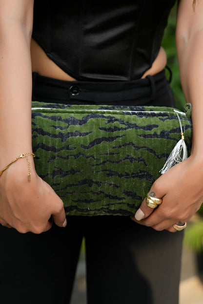 The Velvet Tiger Three Piece Travel Set — handmade, ethically made velvet travel pouch set with tiger motif, made by makers in Rajasthan, India.