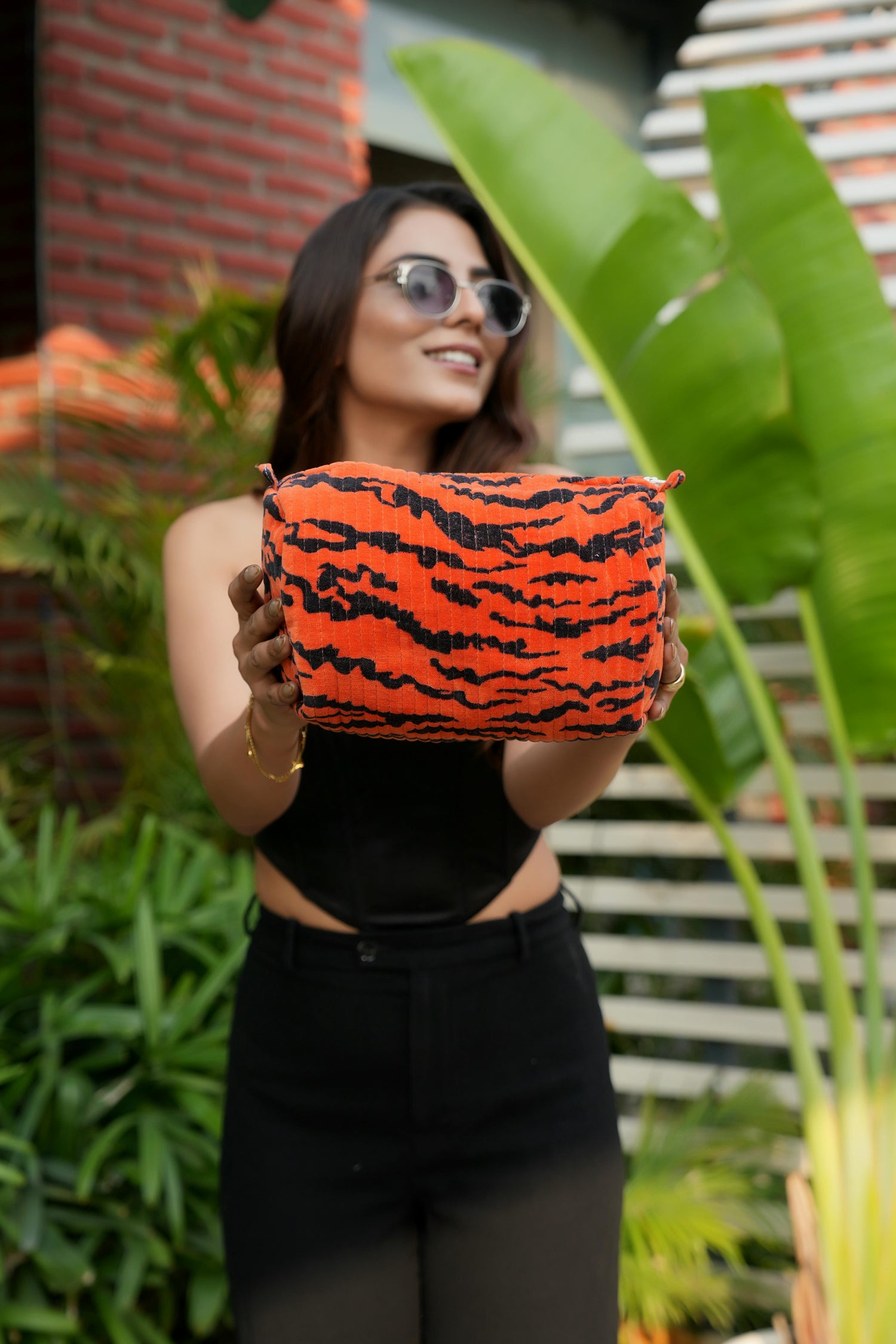 The Velvet Tiger Three Piece Travel Set — handmade, ethically made velvet travel pouch set with tiger motif, made by makers in Rajasthan, India.
