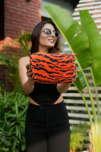 The Velvet Tiger Three Piece Travel Set — handmade, ethically made velvet travel pouch set with tiger motif, made by makers in Rajasthan, India.