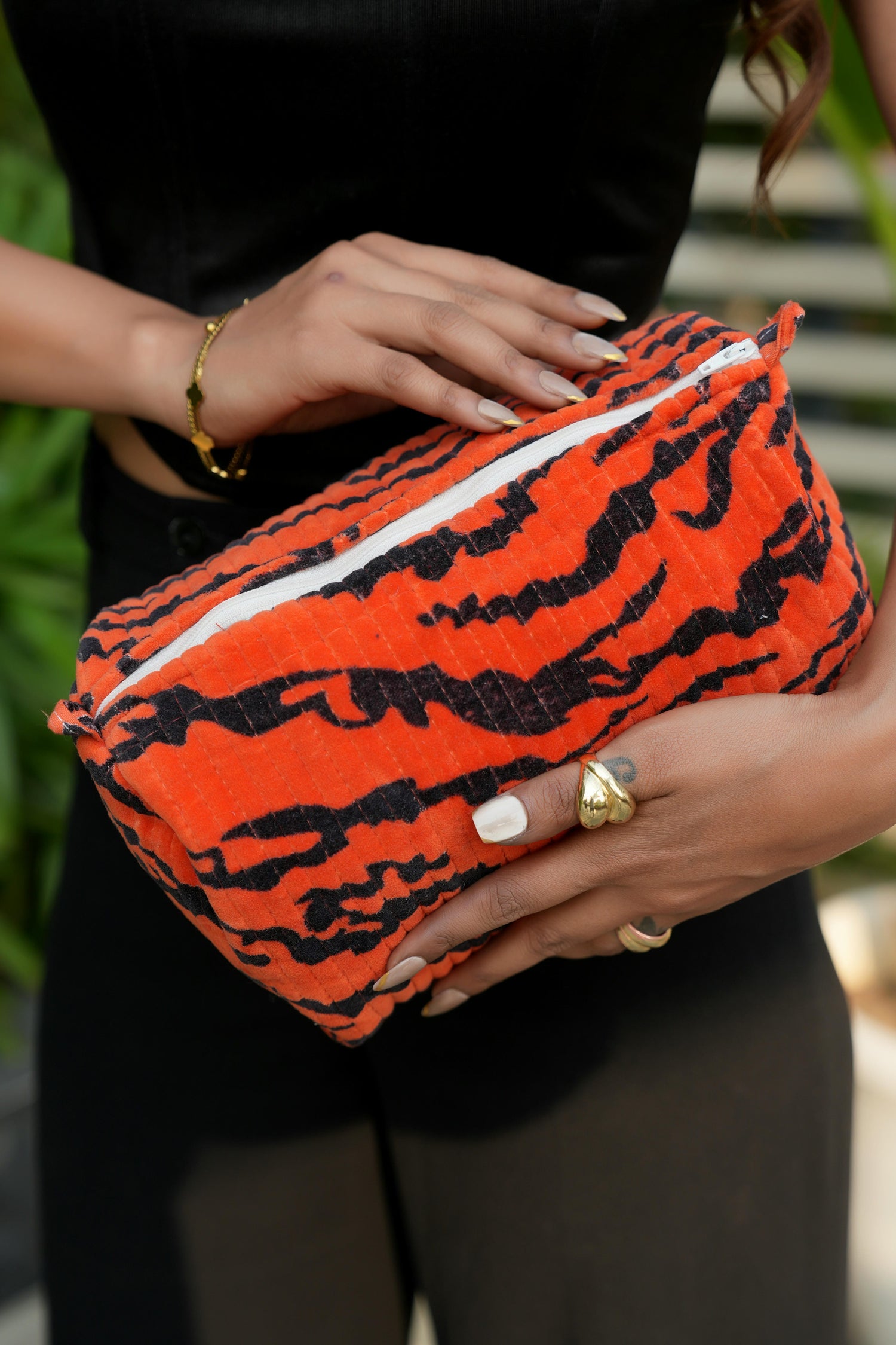 The Velvet Tiger Three Piece Travel Set — handmade, ethically made velvet travel pouch set with tiger motif, made by makers in Rajasthan, India.