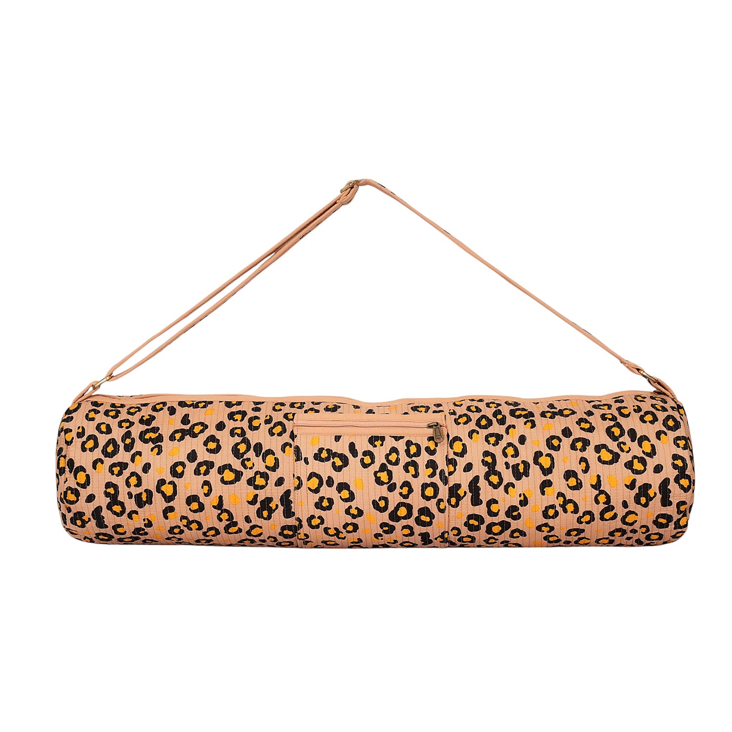 The Leopard Yoga Mat Bag in peach — handmade quilted cotton yoga mat bag with hand-block-printed leopard print, ethically crafted in Rajasthan
