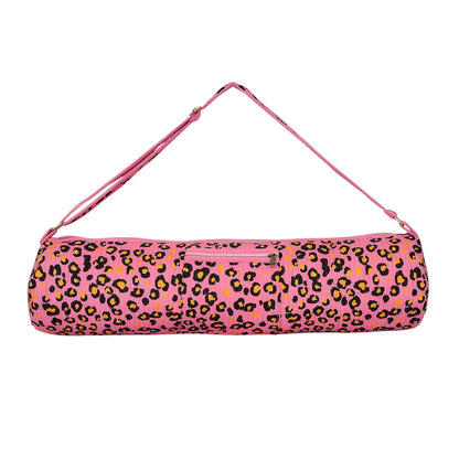 The Leopard Yoga Mat Bag in pink — handmade quilted cotton yoga mat bag with hand-block-printed leopard print, ethically crafted in Rajasthan